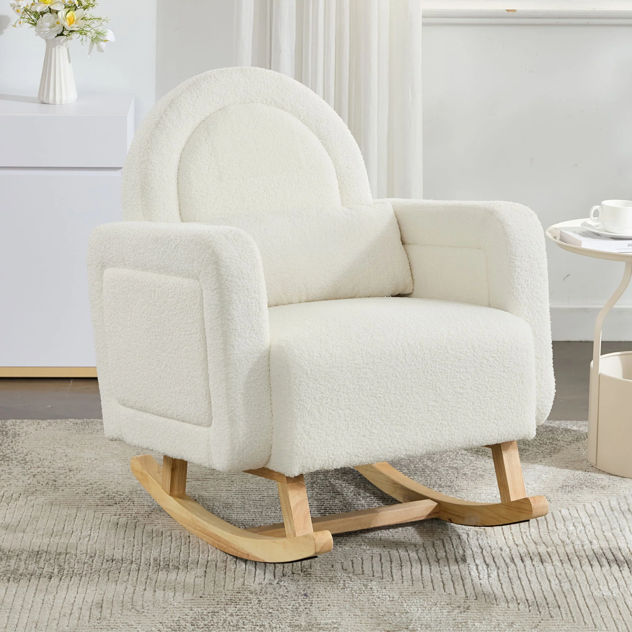 Accent Rocking Chair With Curved Back & Pillow, Base, Ultimate Comfort For Living Room Or Nursery - Cream White - Image 4
