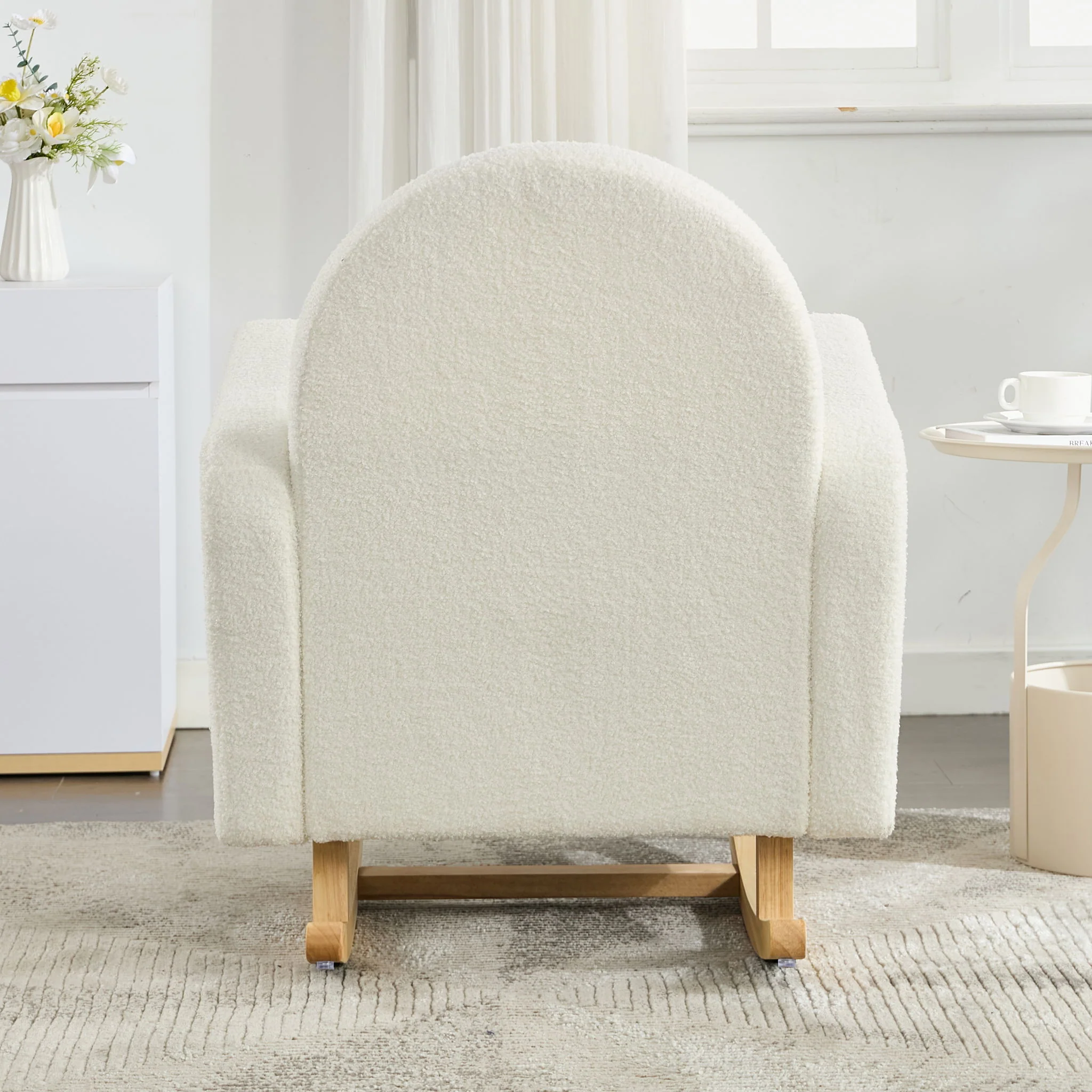 Accent Rocking Chair With Curved Back & Pillow, Base, Ultimate Comfort For Living Room Or Nursery - Cream White - Image 8
