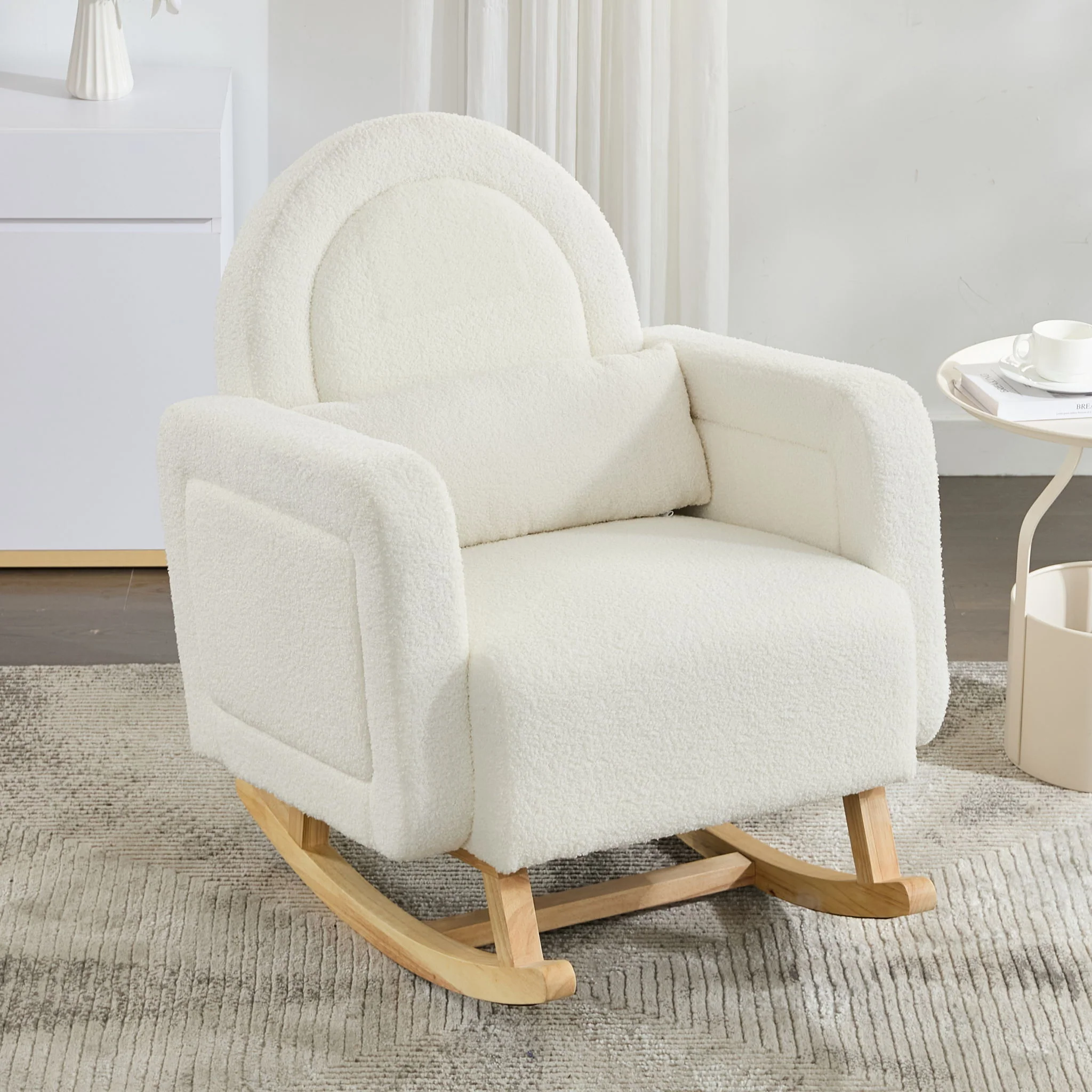 Accent Rocking Chair With Curved Back & Pillow, Base, Ultimate Comfort For Living Room Or Nursery - Cream White - Image 9