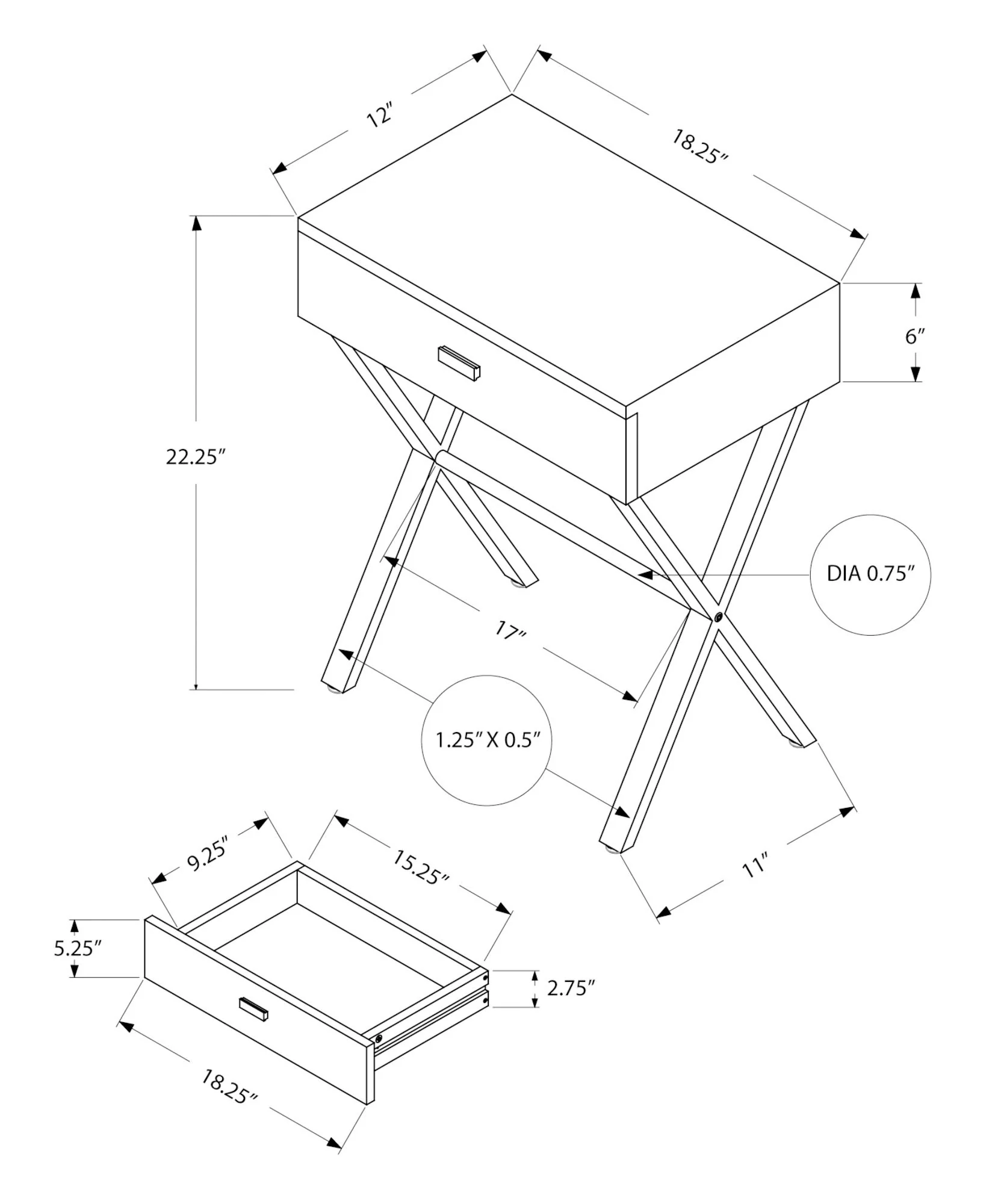 Accent Side X Table, Storage Drawer, Contemporary & Modern - Image 7
