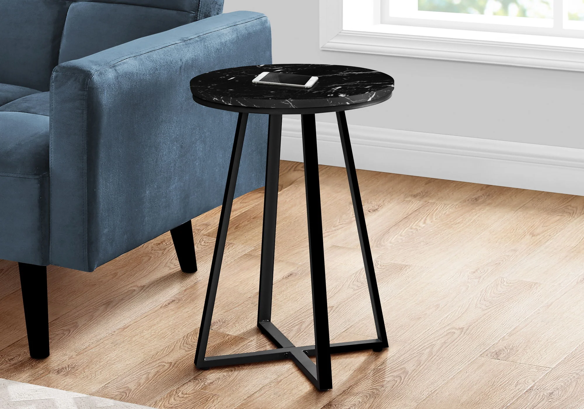 Accent Table, Side, Round Marble Look Contemporary & Modern - Black - Image 9