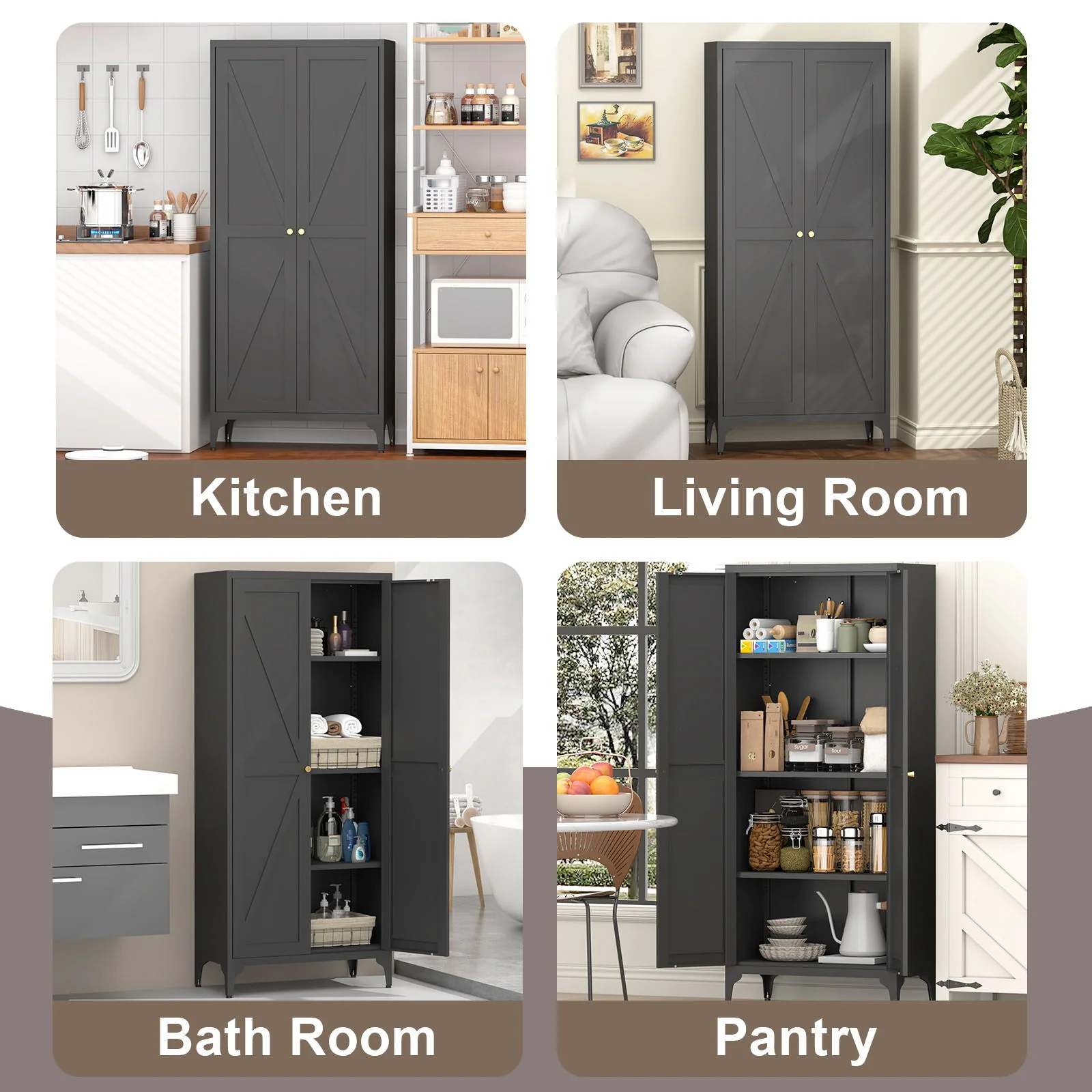 Adjustable 2 Door Kitchen Pantry Cabinet With Striped Design - Image 13
