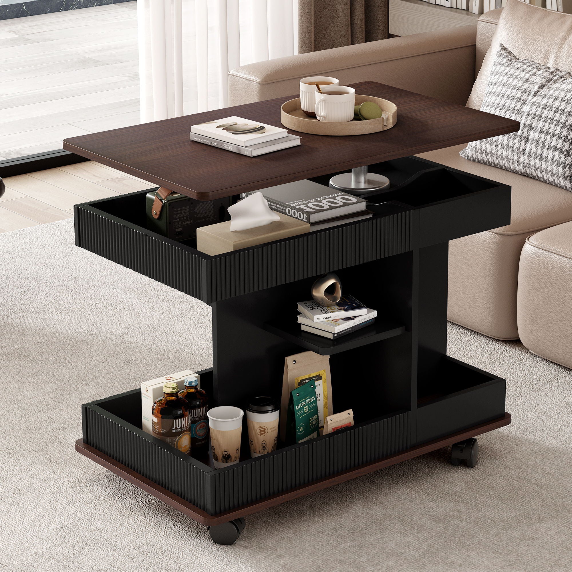 Adjustable End Table With Wheels, 360°Rotating Top And Storage Space - Image 12