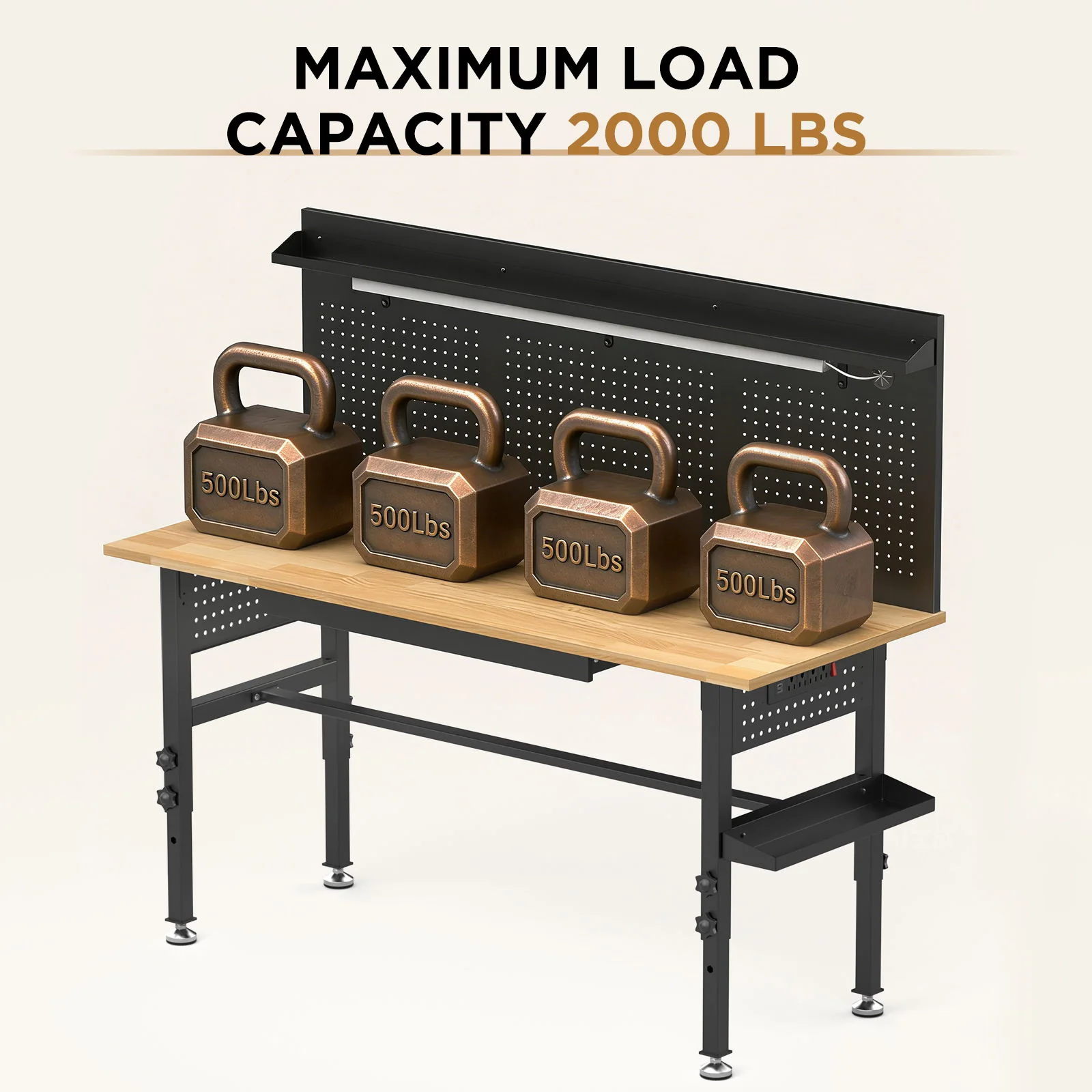 Adjustable Height Workbench, Includes Drawers, Power Outlet, LED Light, Wheels Or Leveling Feet - Black - Image 5