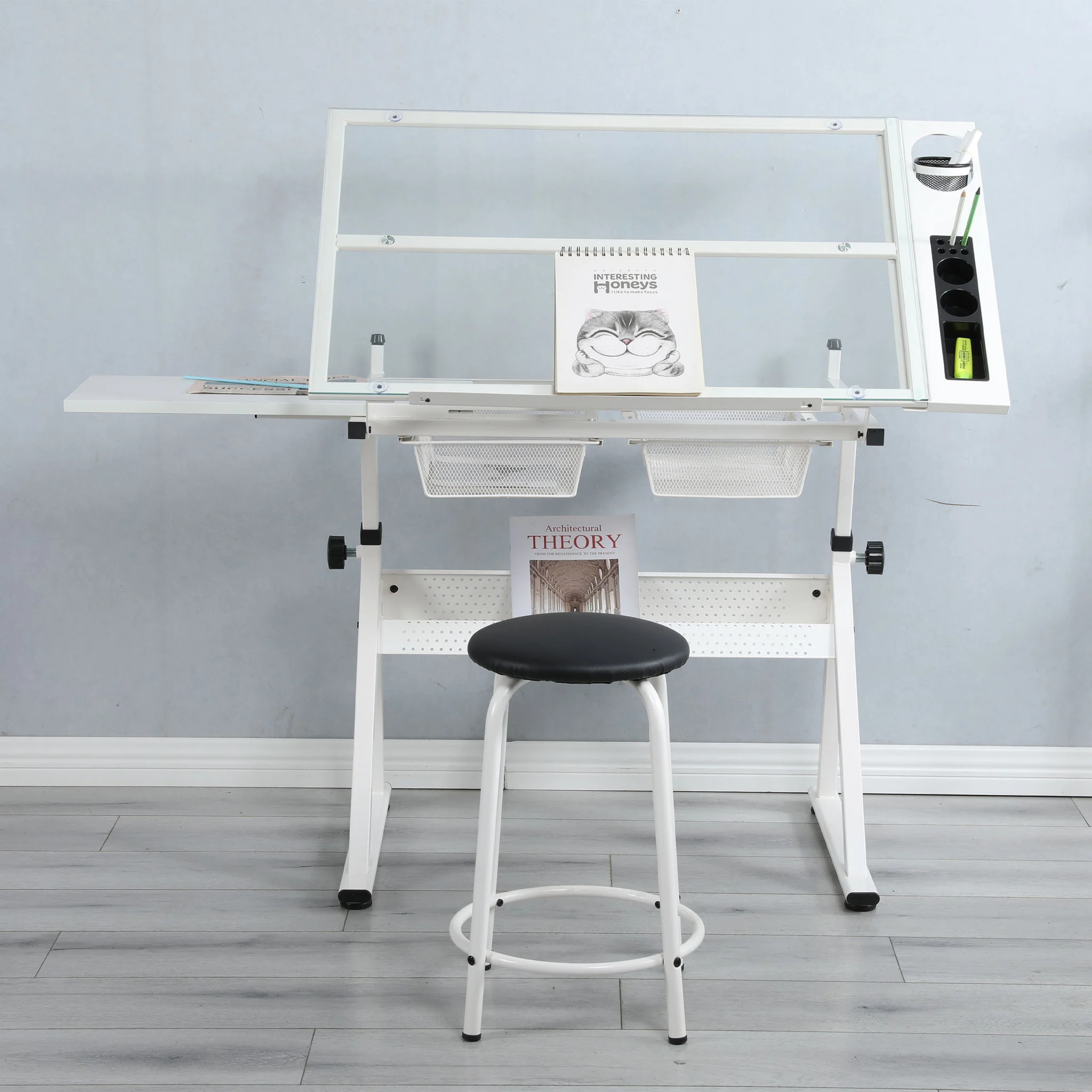 Adjustable Tempered Glass Drafting Printing Table With Chair - Image 3
