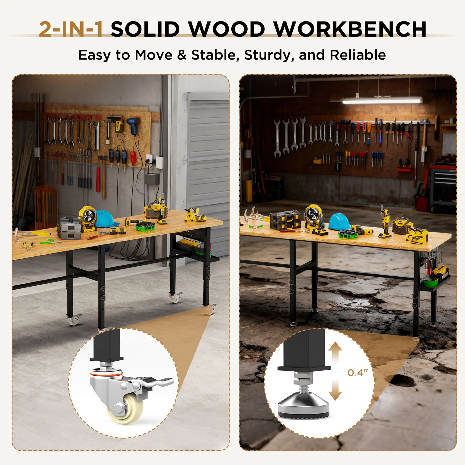Adjustable Workbench, Side Pegboard, 4 Height Settings, Power Outlet, Storage Box, Wheels Or Leveling Feet - Black - Image 4
