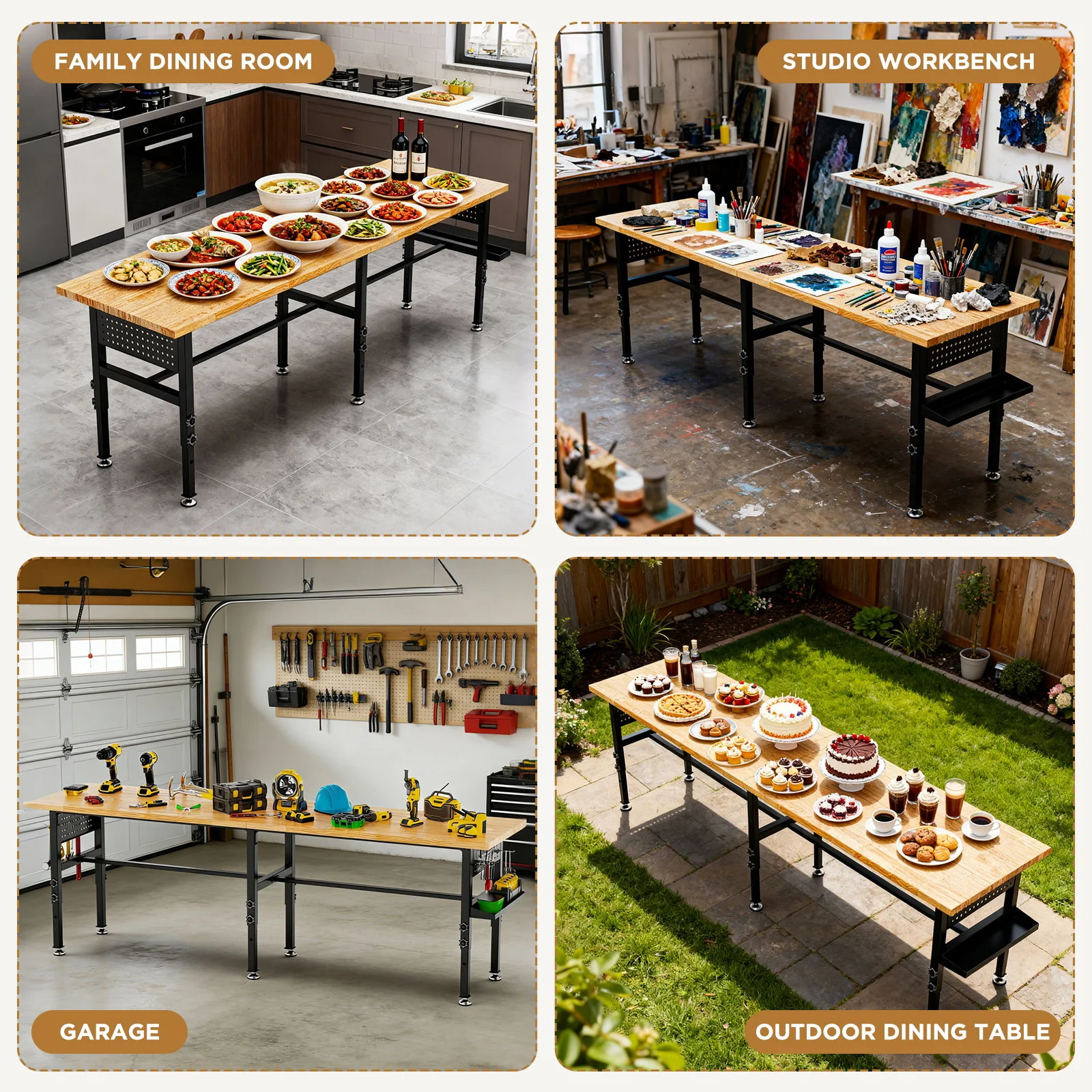Adjustable Workbench, Side Pegboard, 4 Height Settings, Power Outlet, Storage Box, Wheels Or Leveling Feet - Black - Image 6