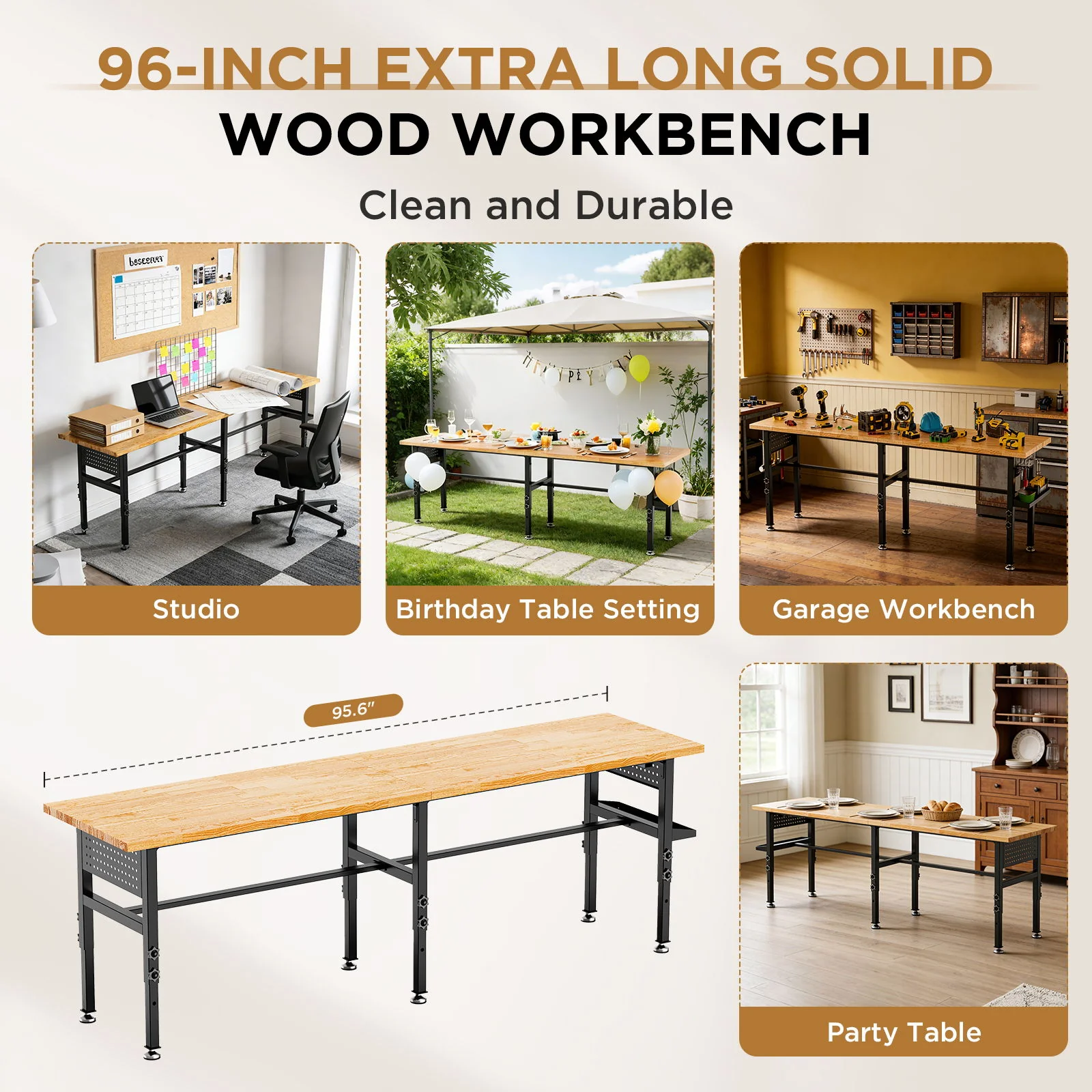 Adjustable Workbench, Side Pegboard, 4 Height Settings, Power Outlet, Storage Box, Wheels Or Leveling Feet - Black - Image 7