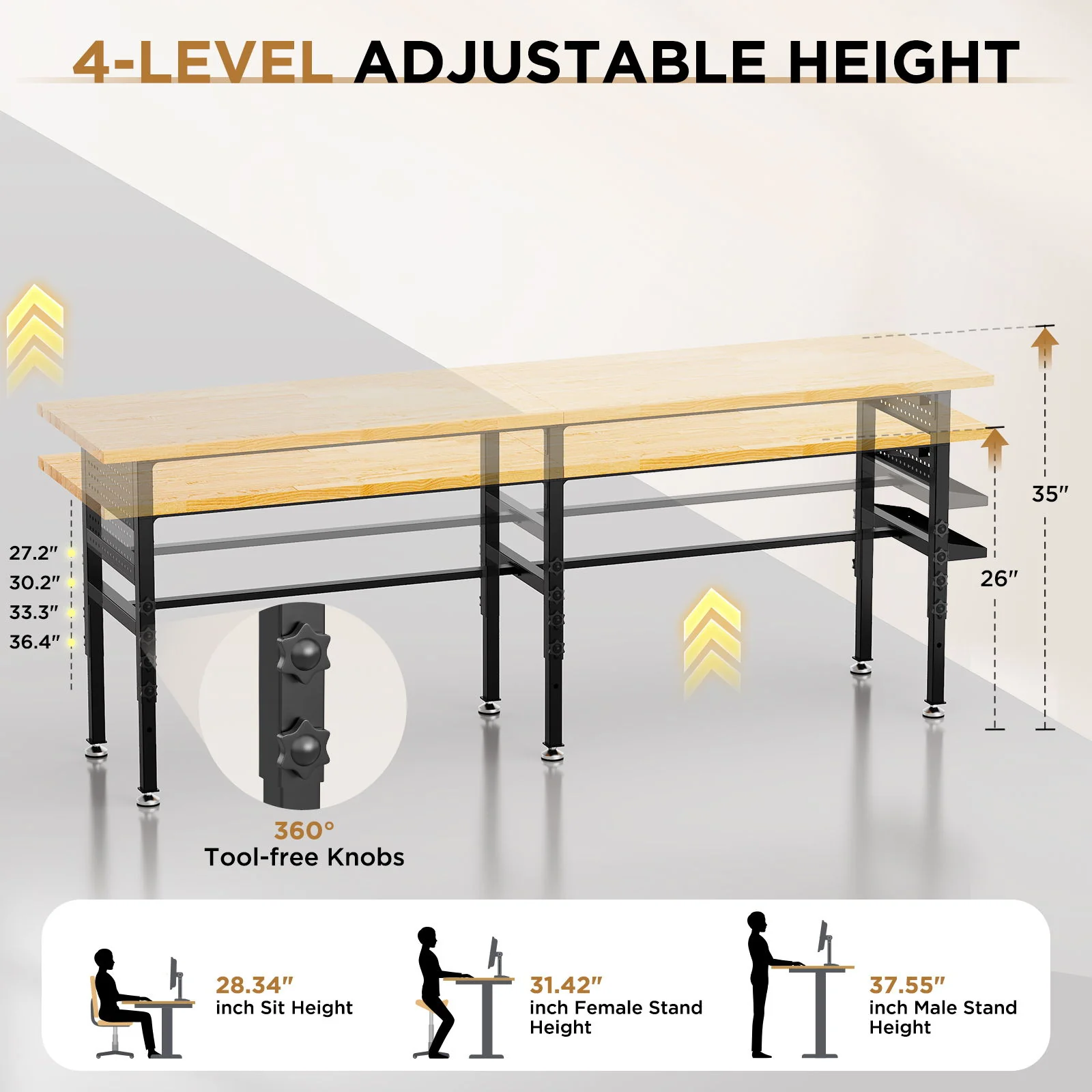 Adjustable Workbench, Side Pegboard, 4 Height Settings, Power Outlet, Storage Box, Wheels Or Leveling Feet - Black - Image 8
