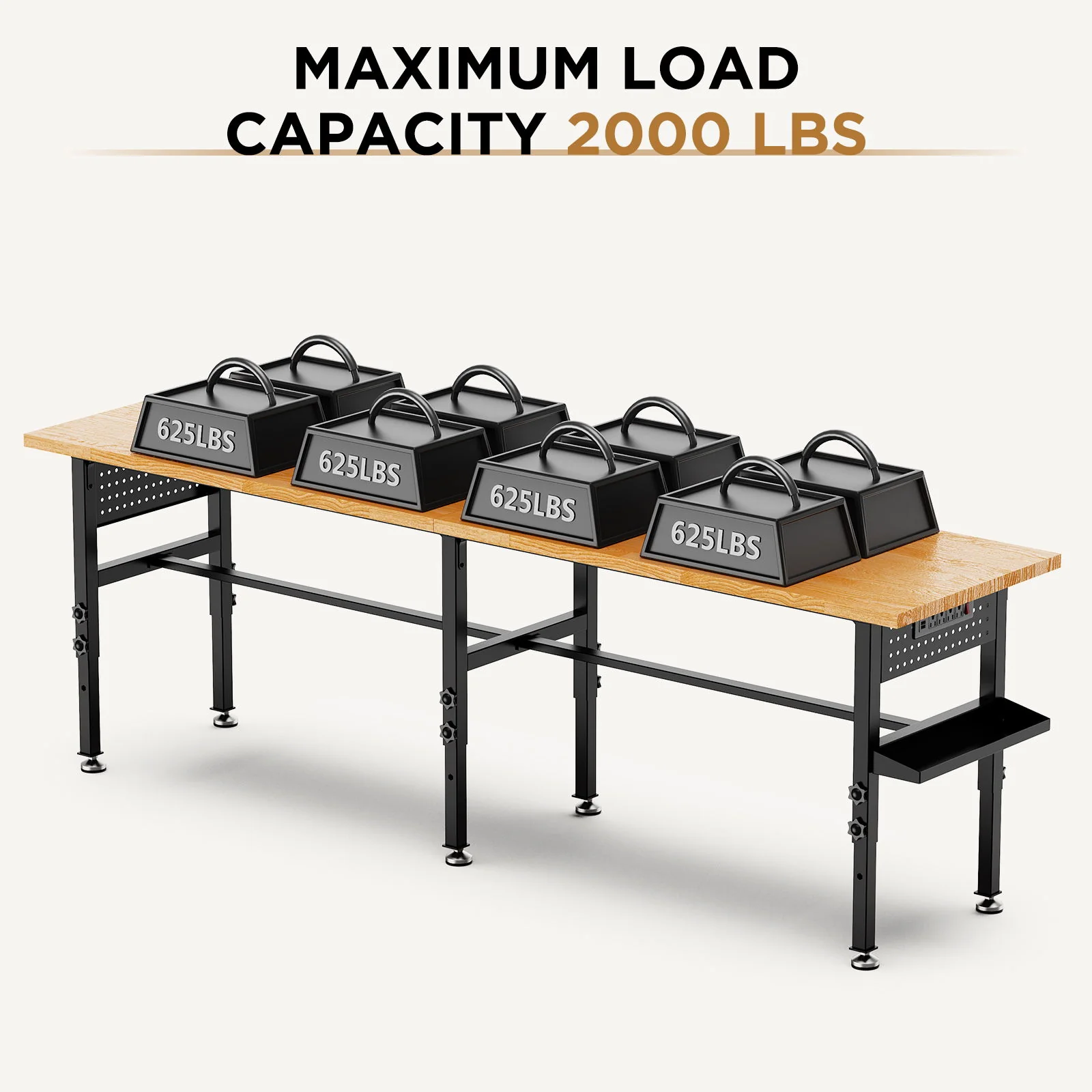 Adjustable Workbench, Side Pegboard, 4 Height Settings, Power Outlet, Storage Box, Wheels Or Leveling Feet - Black - Image 9