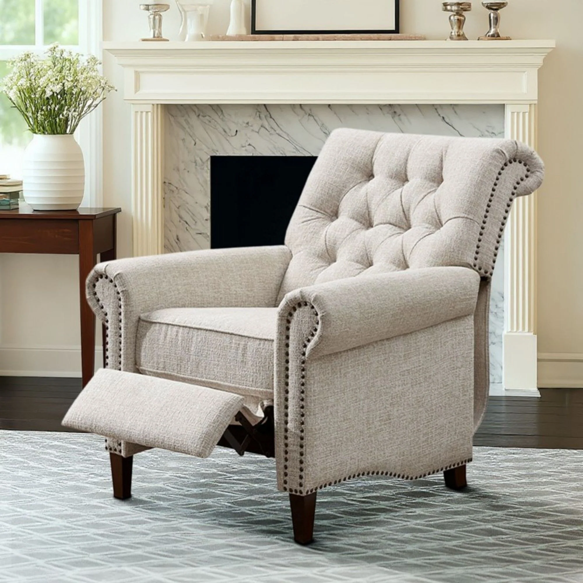Aidan - Push Back Recliner Chair With Tufted Back And Nailhead Trim - Cream - Image 7
