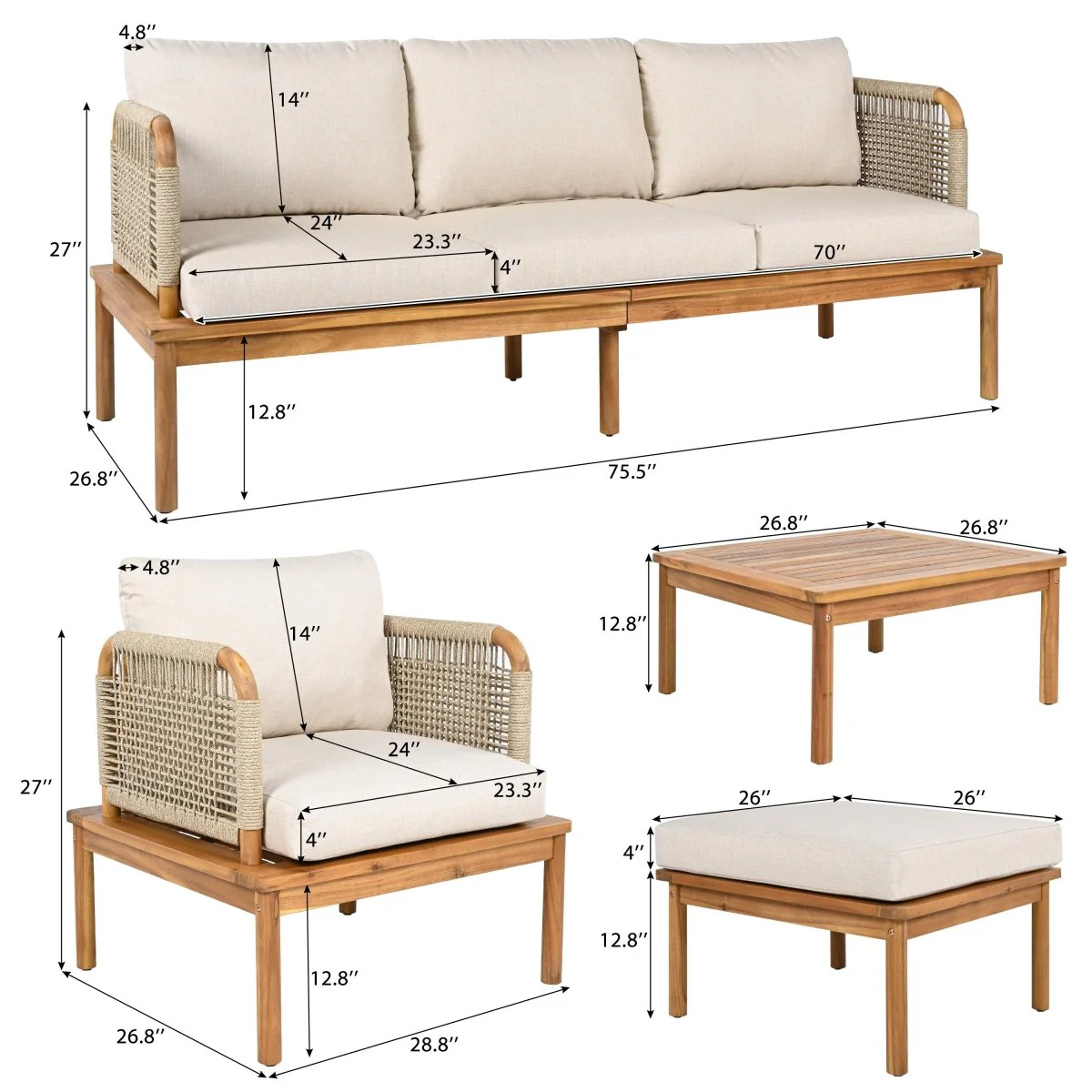 Alaya 4 Piece Acacia Wood and Rope Outdoor Sofa Set with Cushions - Image 10
