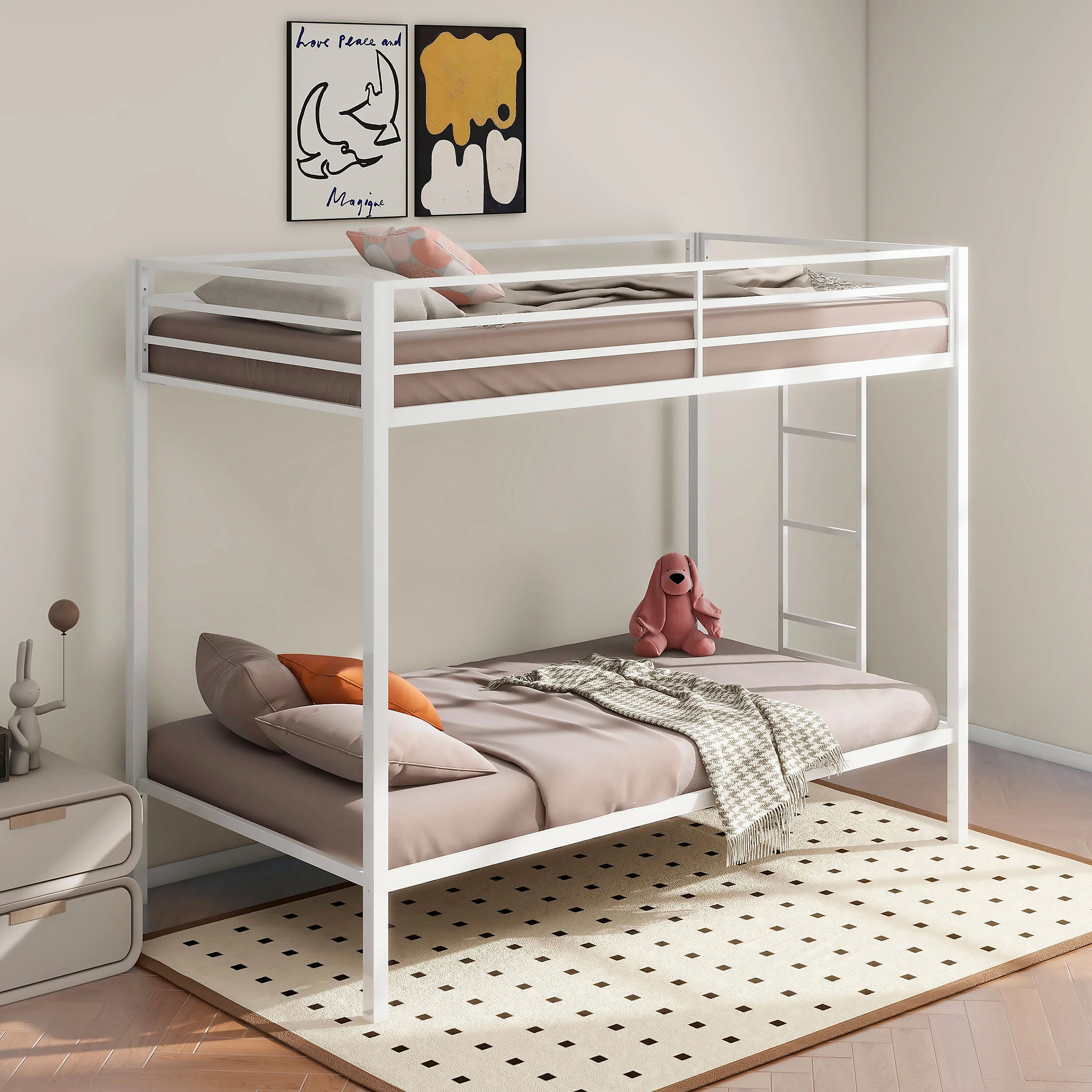 Alevera Metal Twin Over Twin Bunk Bed with Ladder White - Image 3