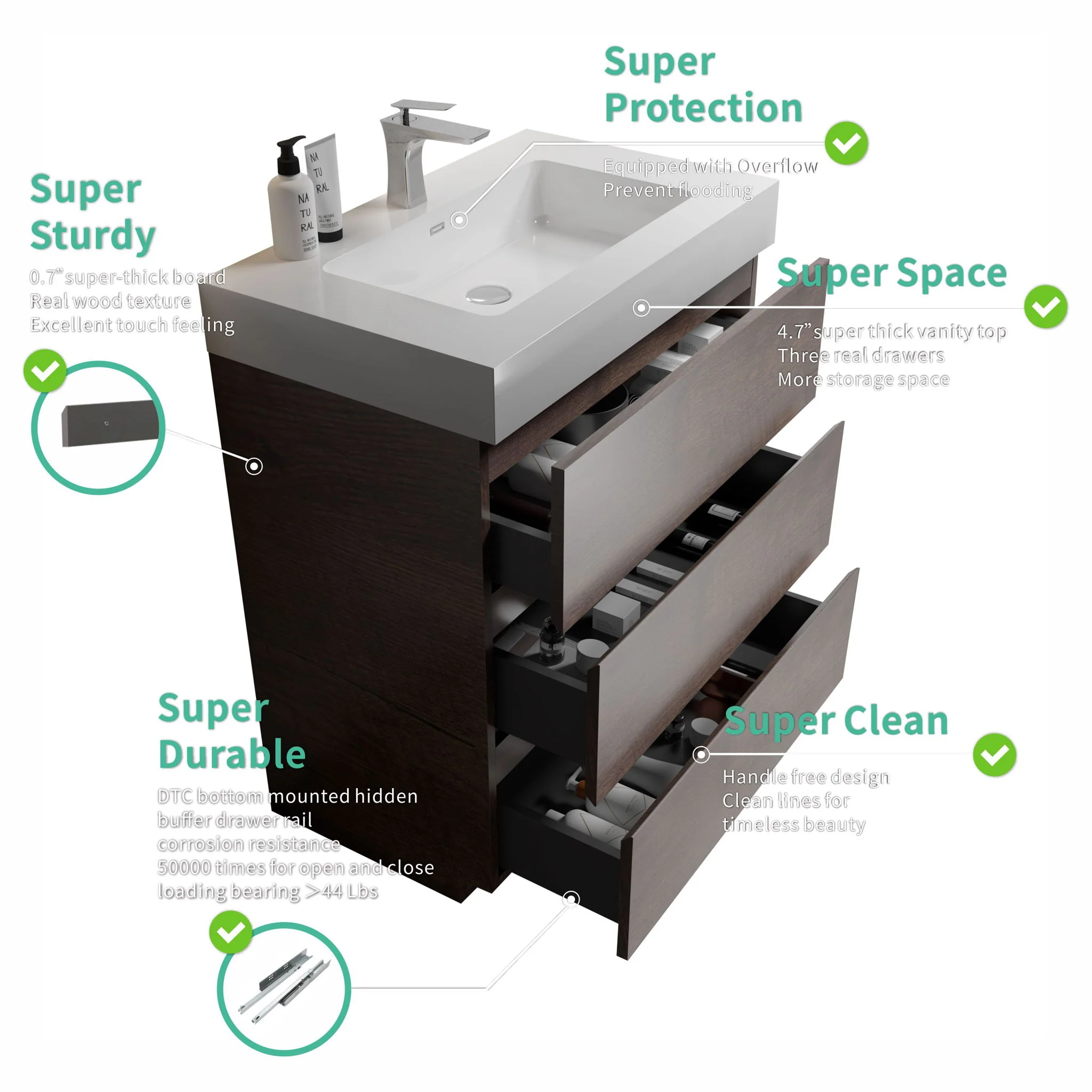 Alice - Bathroom Vanity With Large Storage Freestanding Bathroom Vanity, Sink For Modern Bathroom, One-Piece Sink Basin Without Drain And Faucet - Image 19