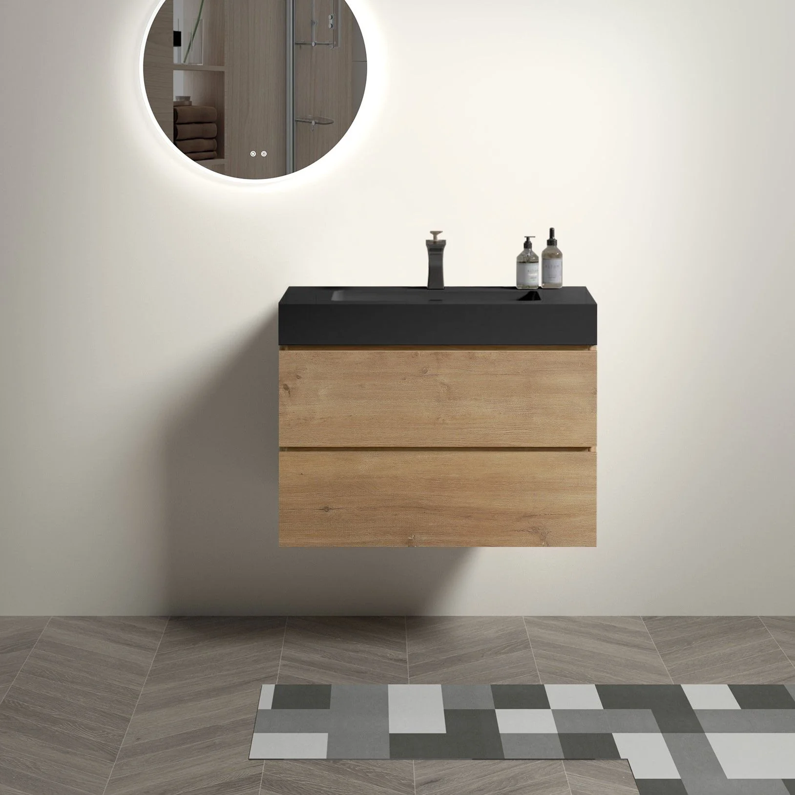 Alice - Natural Oak Bathroom Vanity With Sink, Large Storage Wall Mounted Floating Bathroom Vanity For Modern Bathroom, One-Piece Sink Basin Without Drain - Image 2