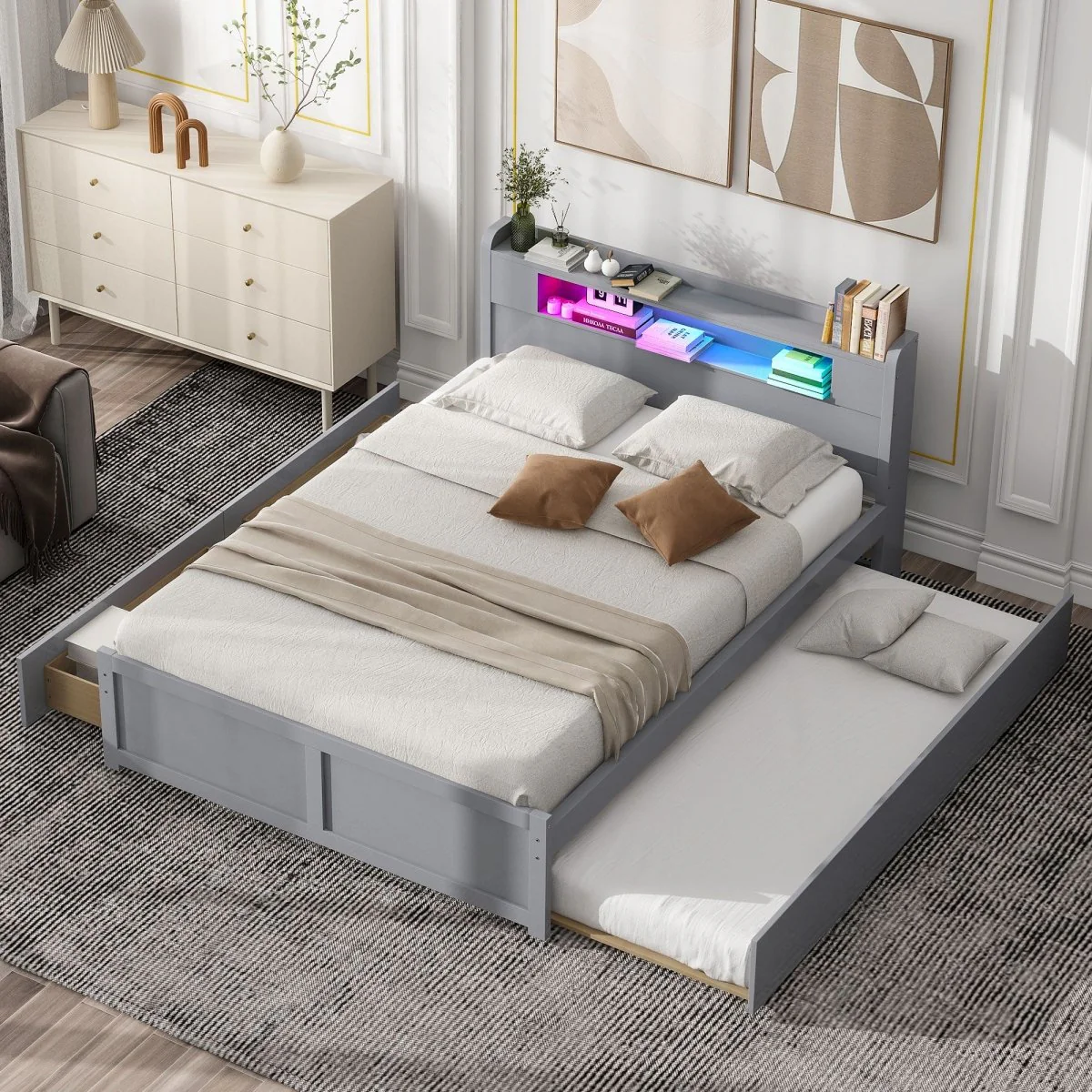 Alina Queen Storage Platform Bed with LED Headboard, Trundle & Drawers - Image 8