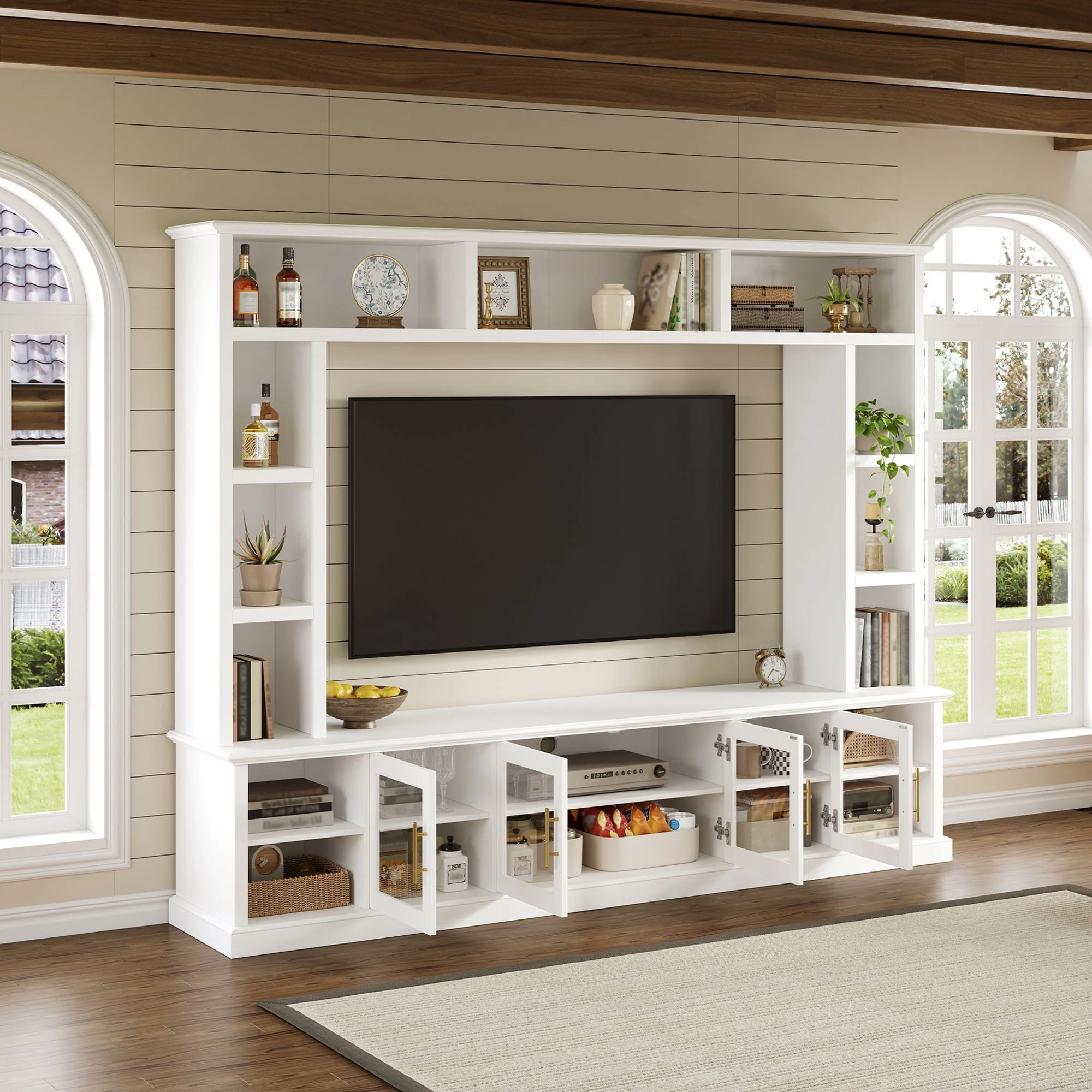 All-In-One Entertainment Center With Bookshelves & Tempered Glass Doors, TV Console Unit For Living Room - Image 15