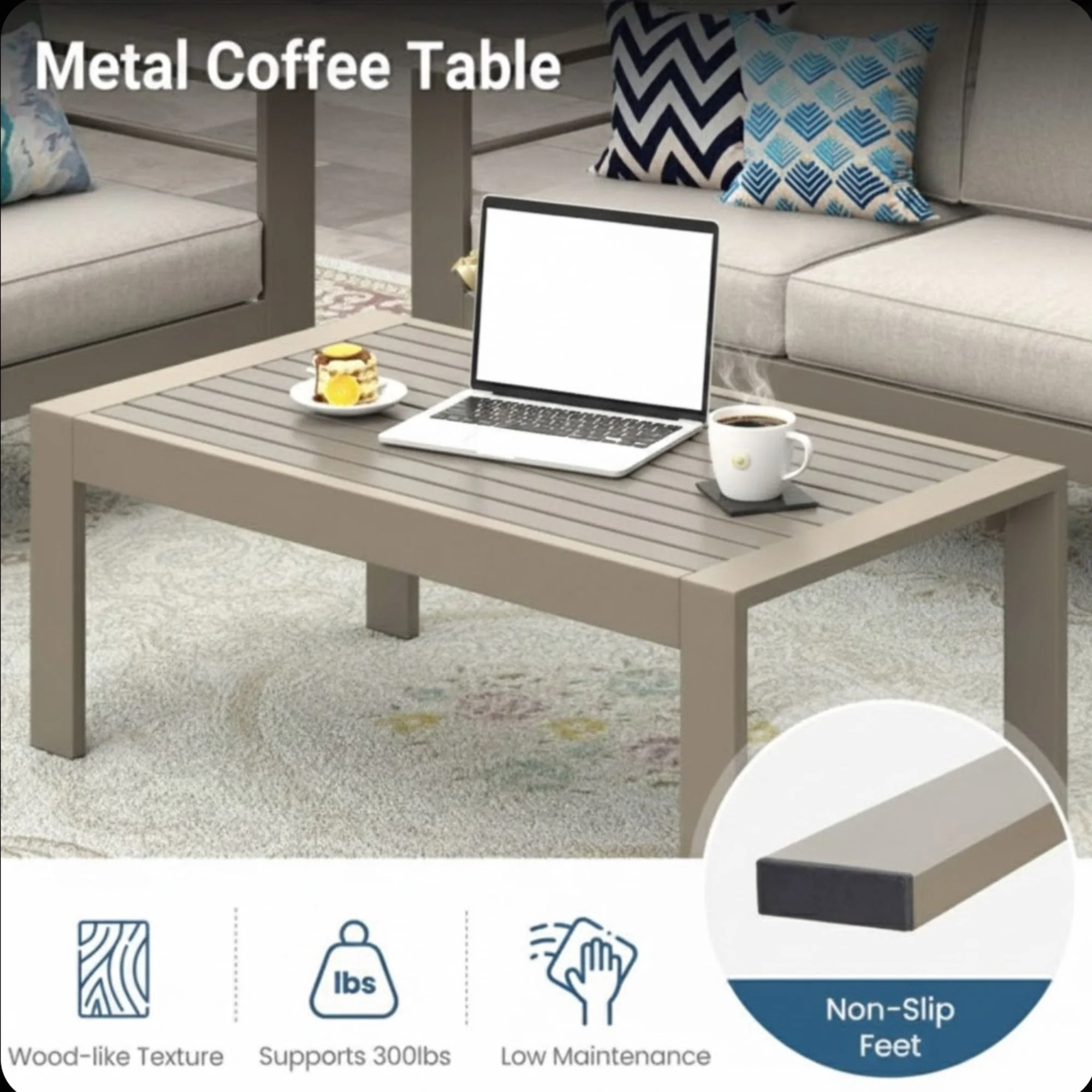 All-Weather Outdoor Coffee Table With Wood-Look Top - Image 17
