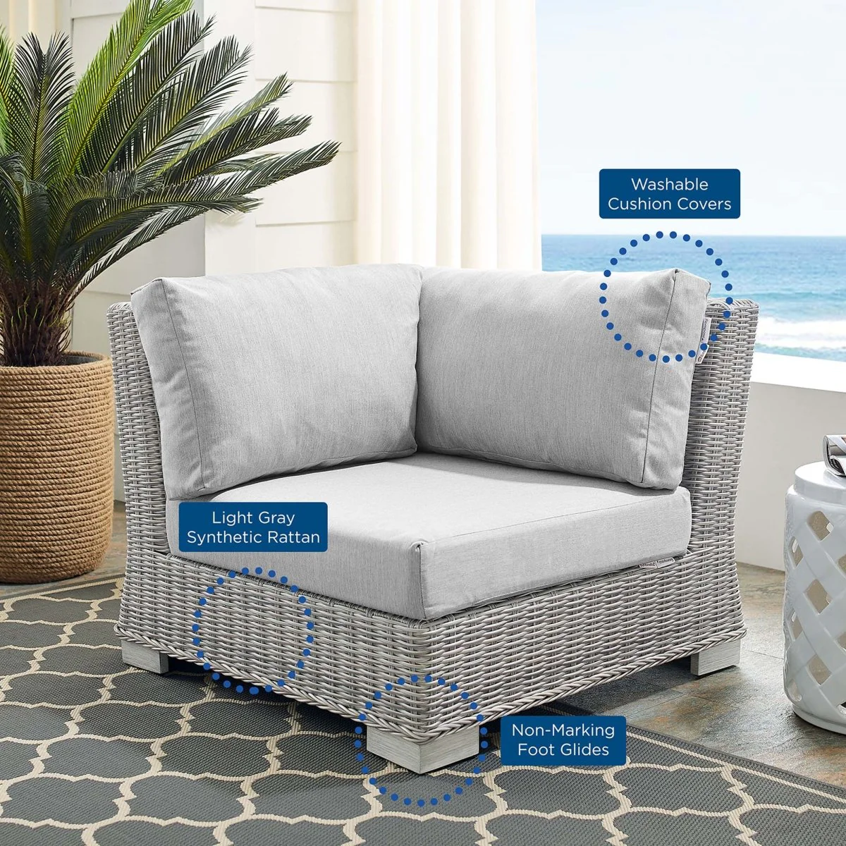 All-Weather Wicker Corner Outdoor Chair with Sunbrella Cushions for Patio Seating - Image 11