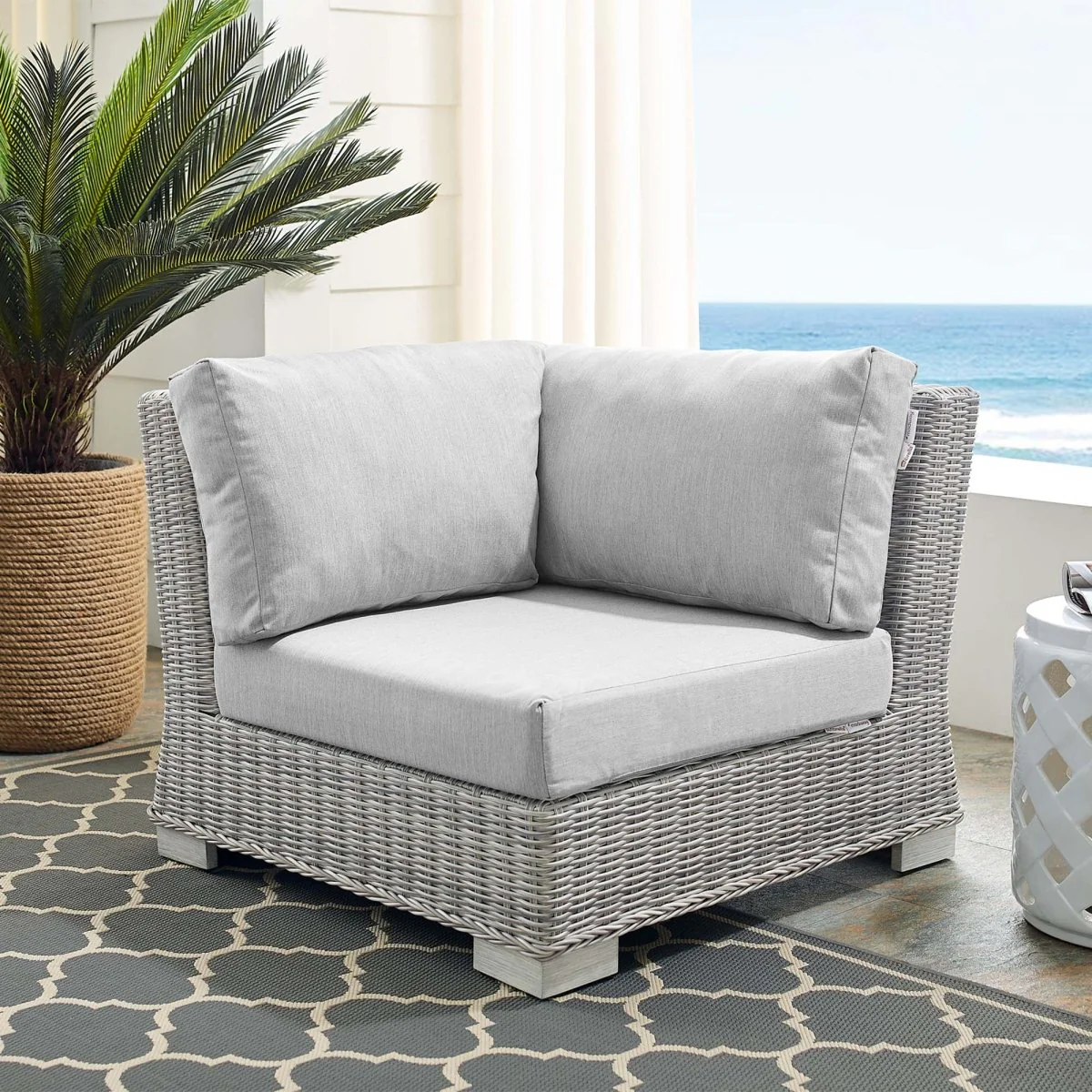 All-Weather Wicker Corner Outdoor Chair with Sunbrella Cushions for Patio Seating - Image 18
