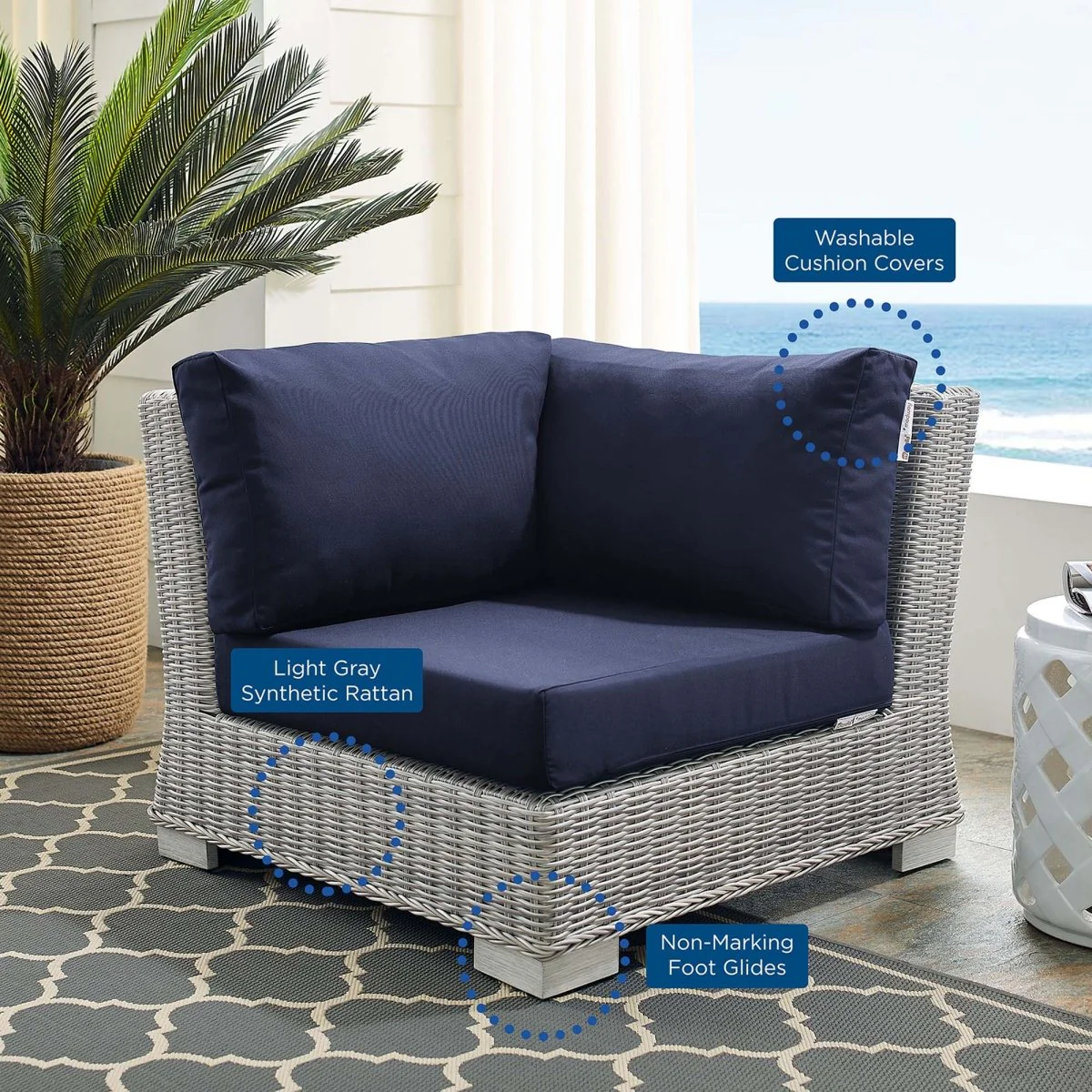 All-Weather Wicker Corner Outdoor Chair with Sunbrella Cushions for Patio Seating - Image 4