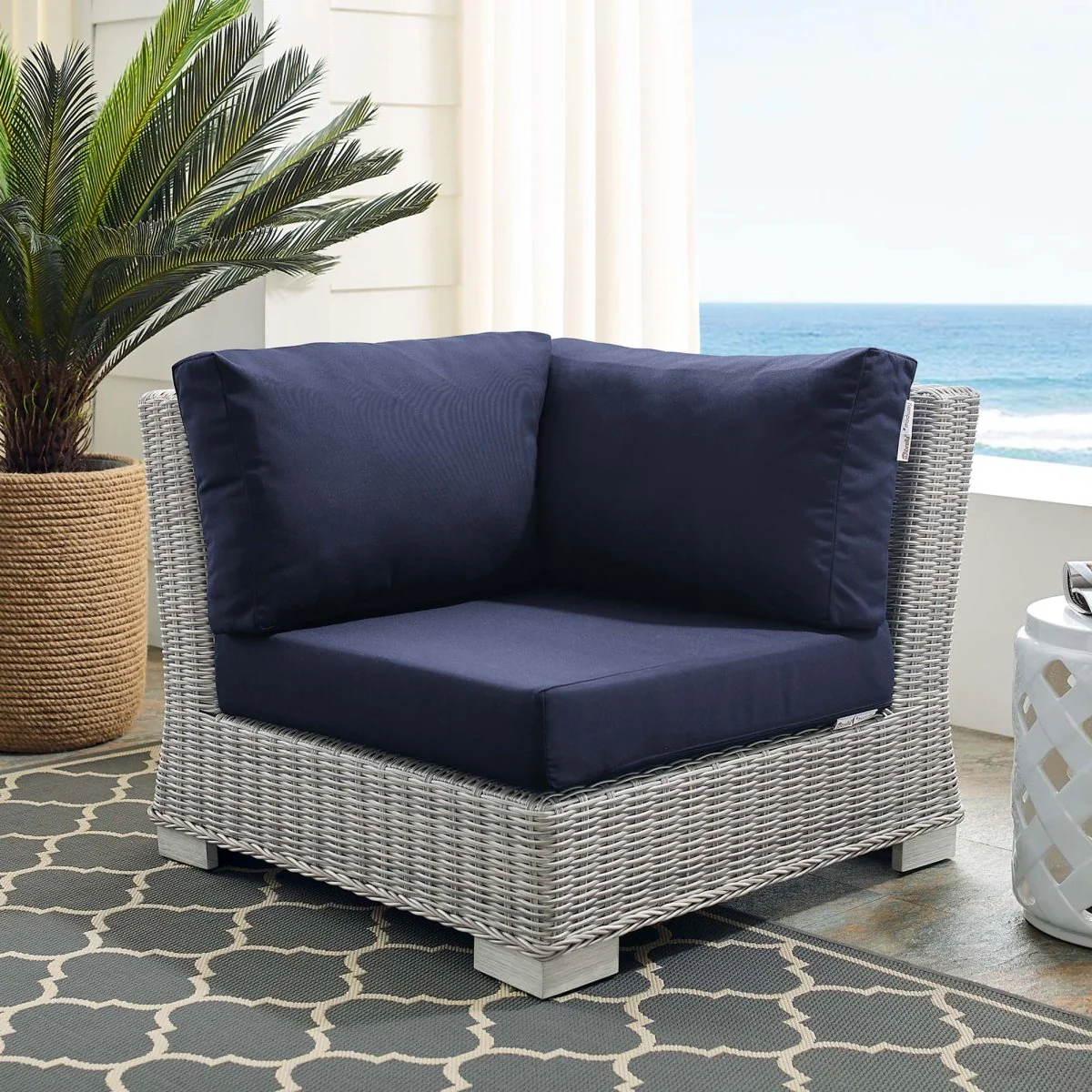 All-Weather Wicker Corner Outdoor Chair with Sunbrella Cushions for Patio Seating - Image 9