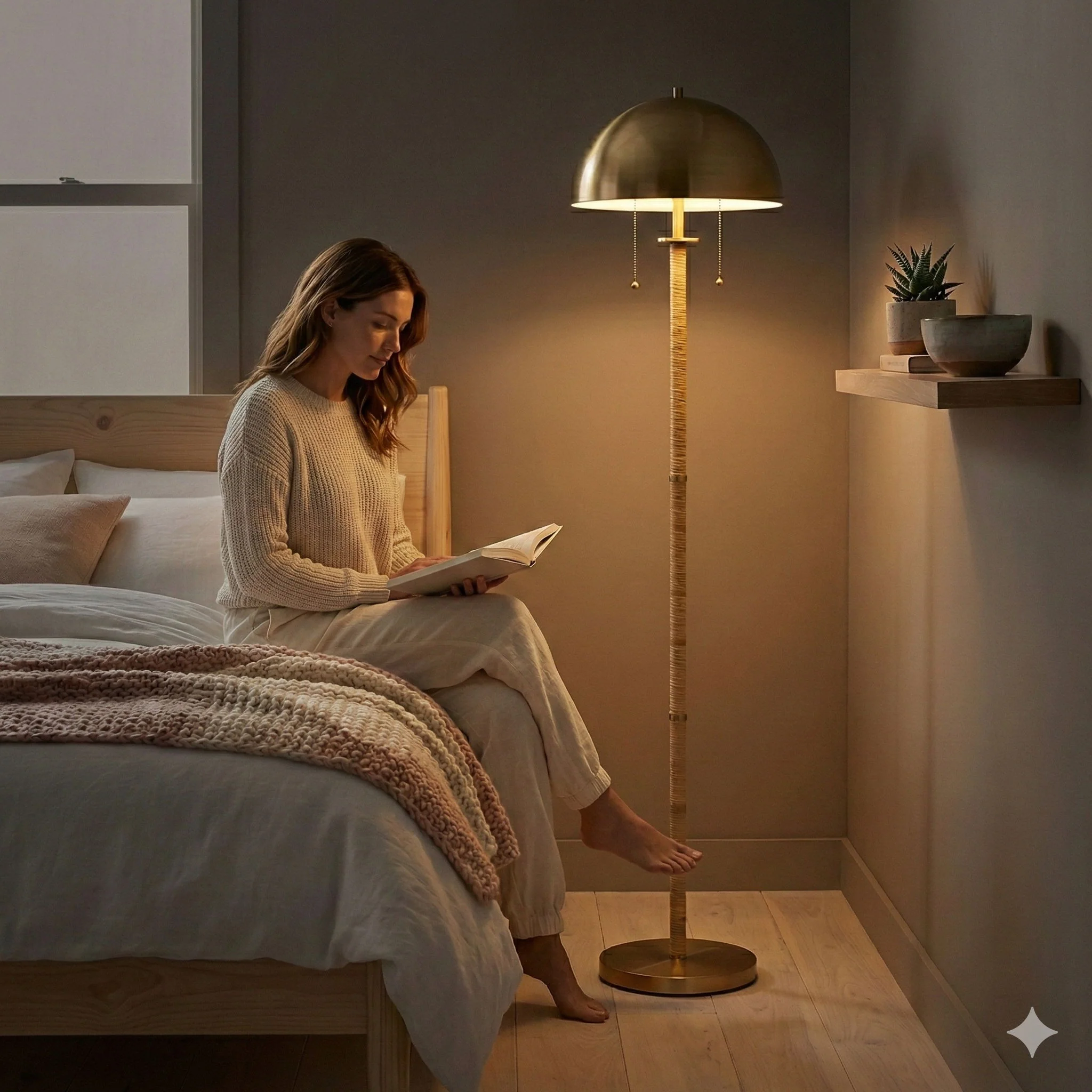 Allure - 2 Light Floor Lamp, Gold, Natural Tube, Double On / Off Pull Chain - Gold / Rattan - Image 3