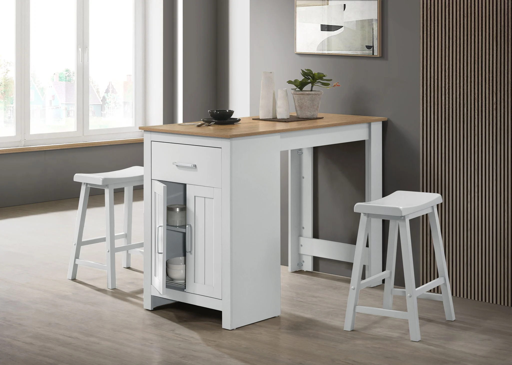 Alonzo - Small Space Counter Height Dining Table With Cabinet, Drawer, And 2 Ergonomic Counter Stools (Set of 3) - Image 2