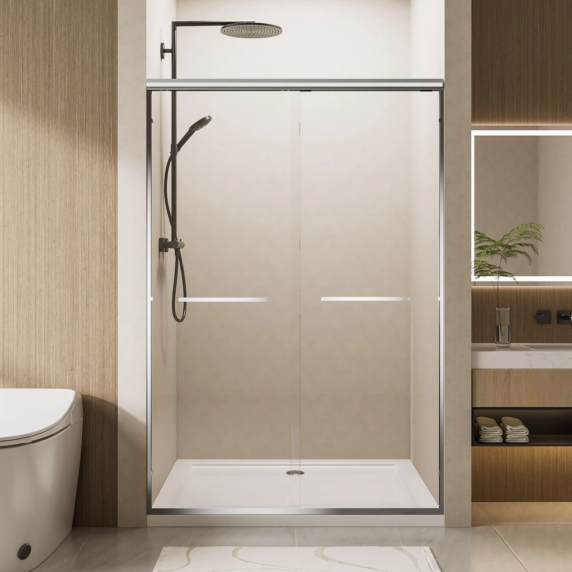 Aluminum Frame Double Double Soft Close Shower Door, Tempered Glass And Dual Stainless Steel Handles - Image 4