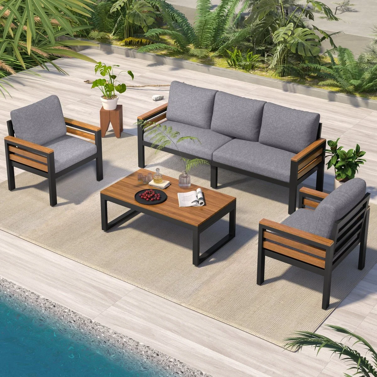 Alvyn 4-Piece Outdoor Sofa Set with Acacia Table and Wood Armrests - Image 3