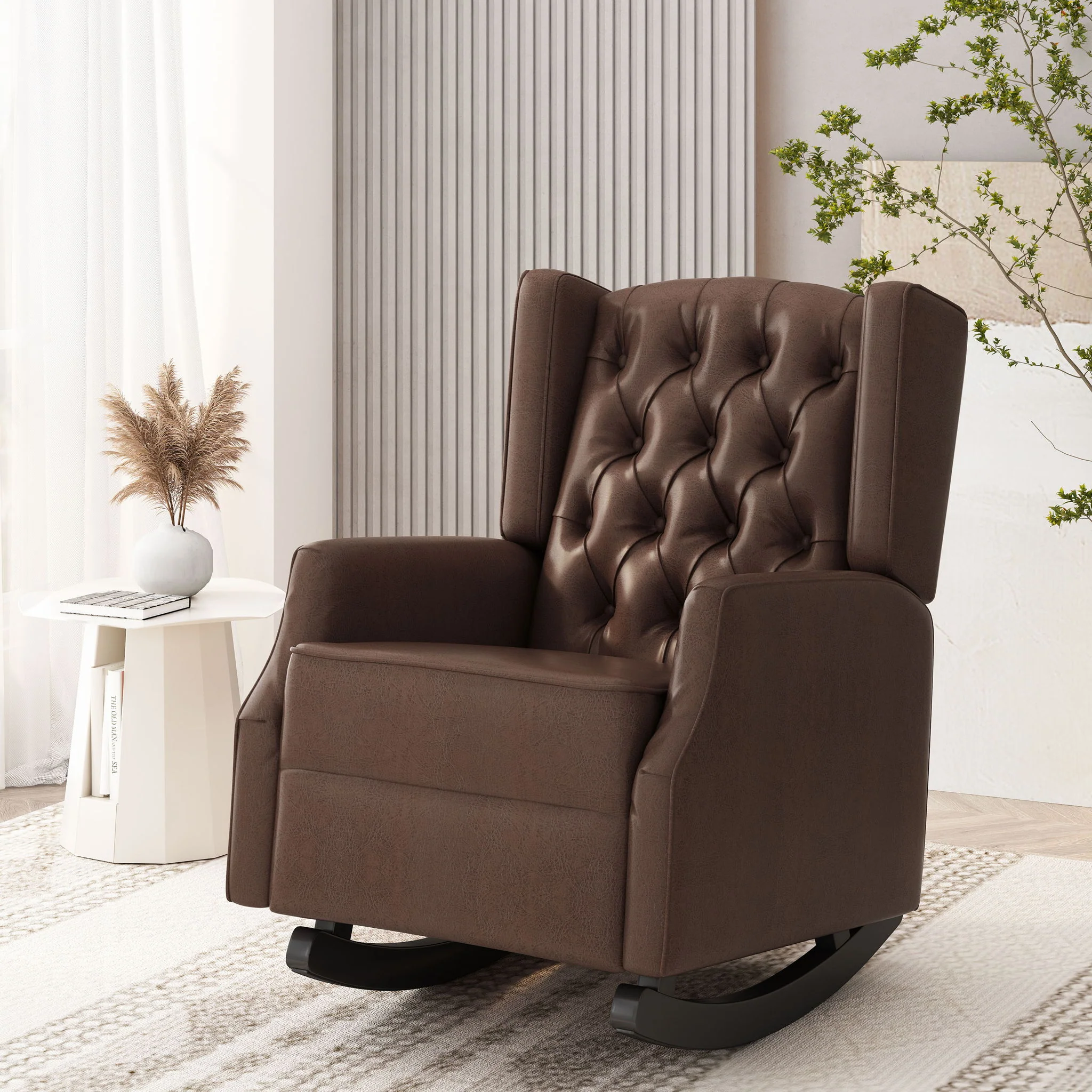 Amedou - Contemporary Tufted Wingback Rocking Chair - Dark Brown - Image 5