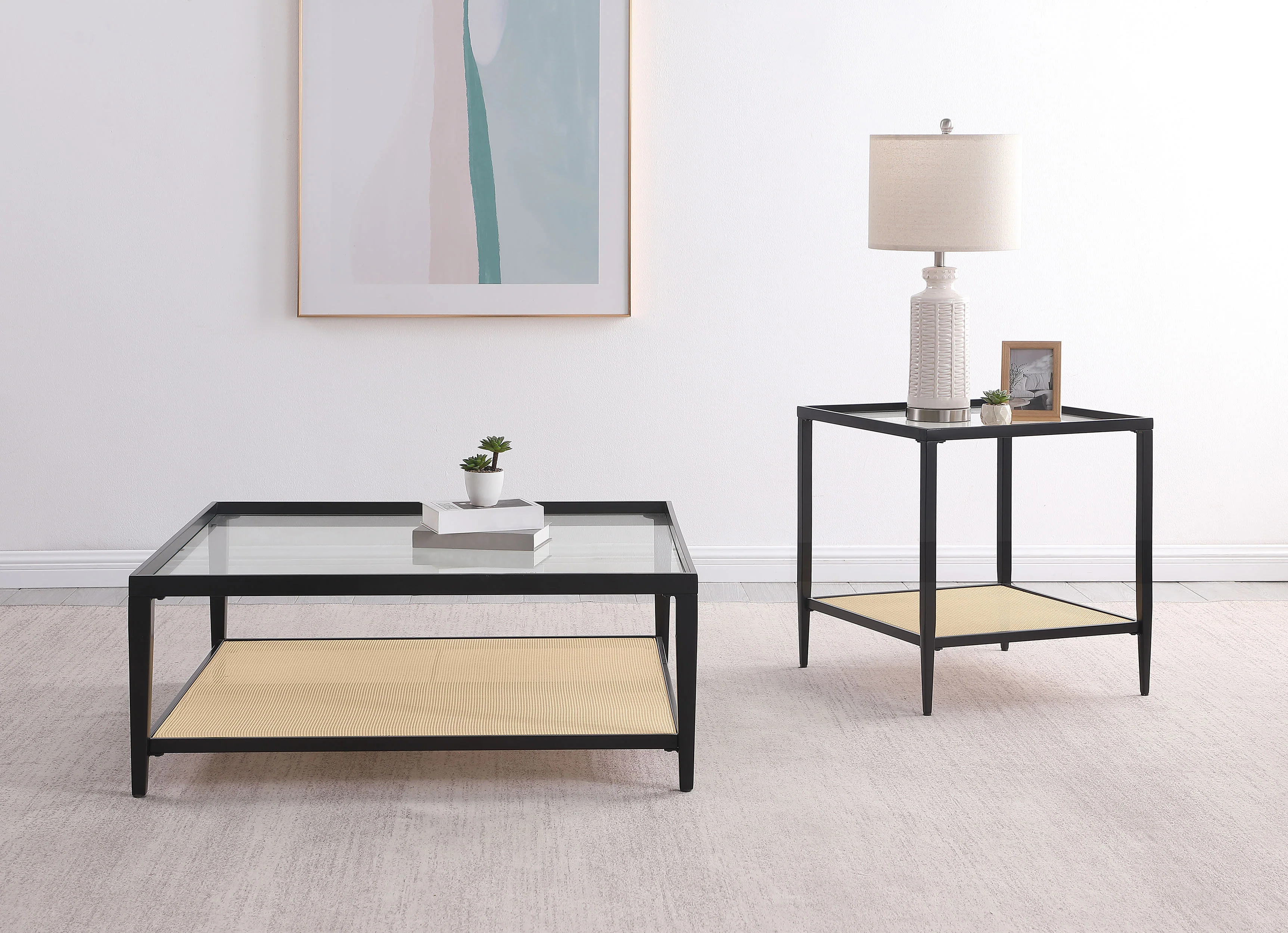 Amherst Glass Top Metal Coffee Table with Cane Shelf, Black - Image 7