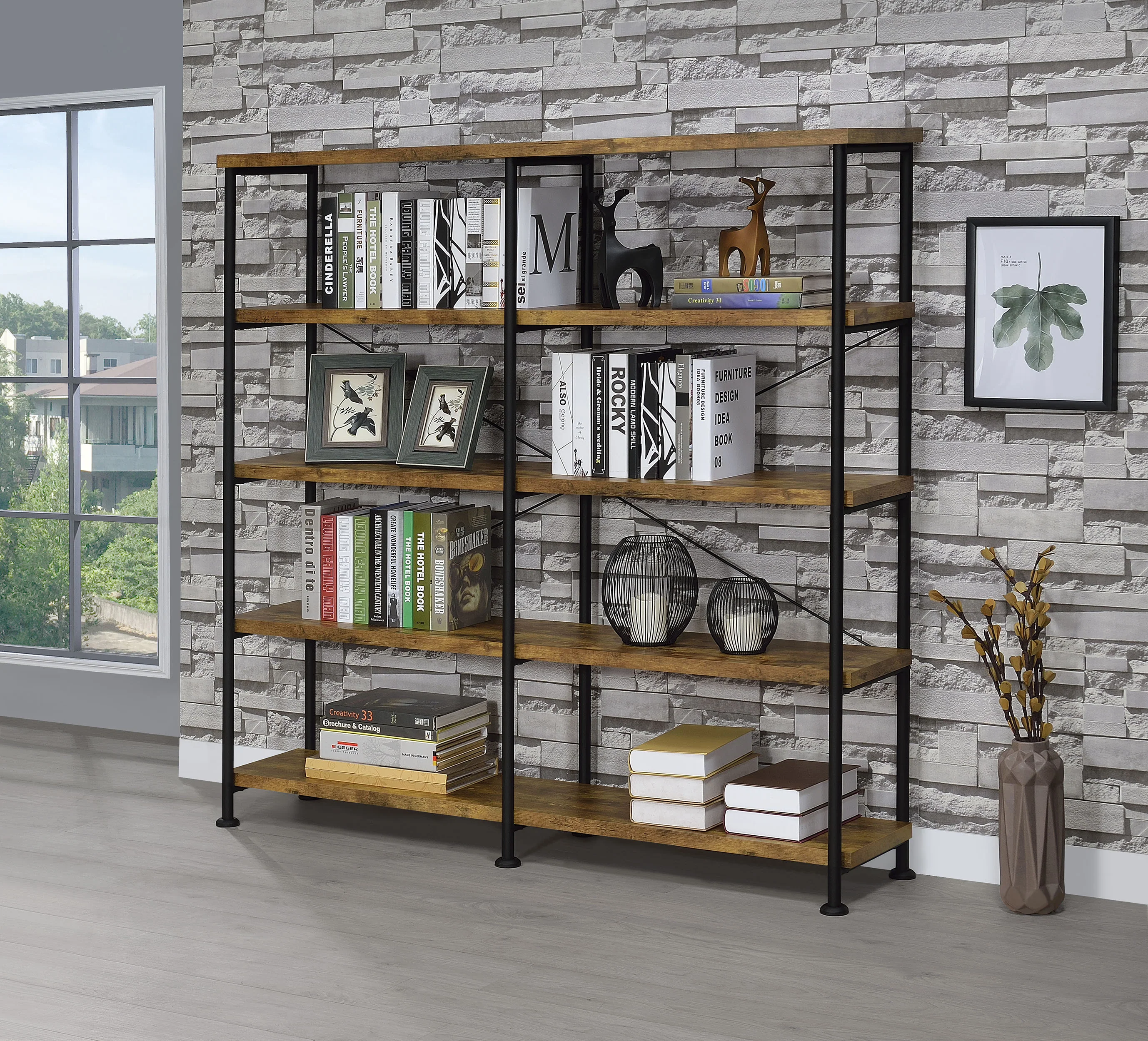 Analiese 63-inch 4-Shelf Double Bookshelf in Rustic Nutmeg - Image 4