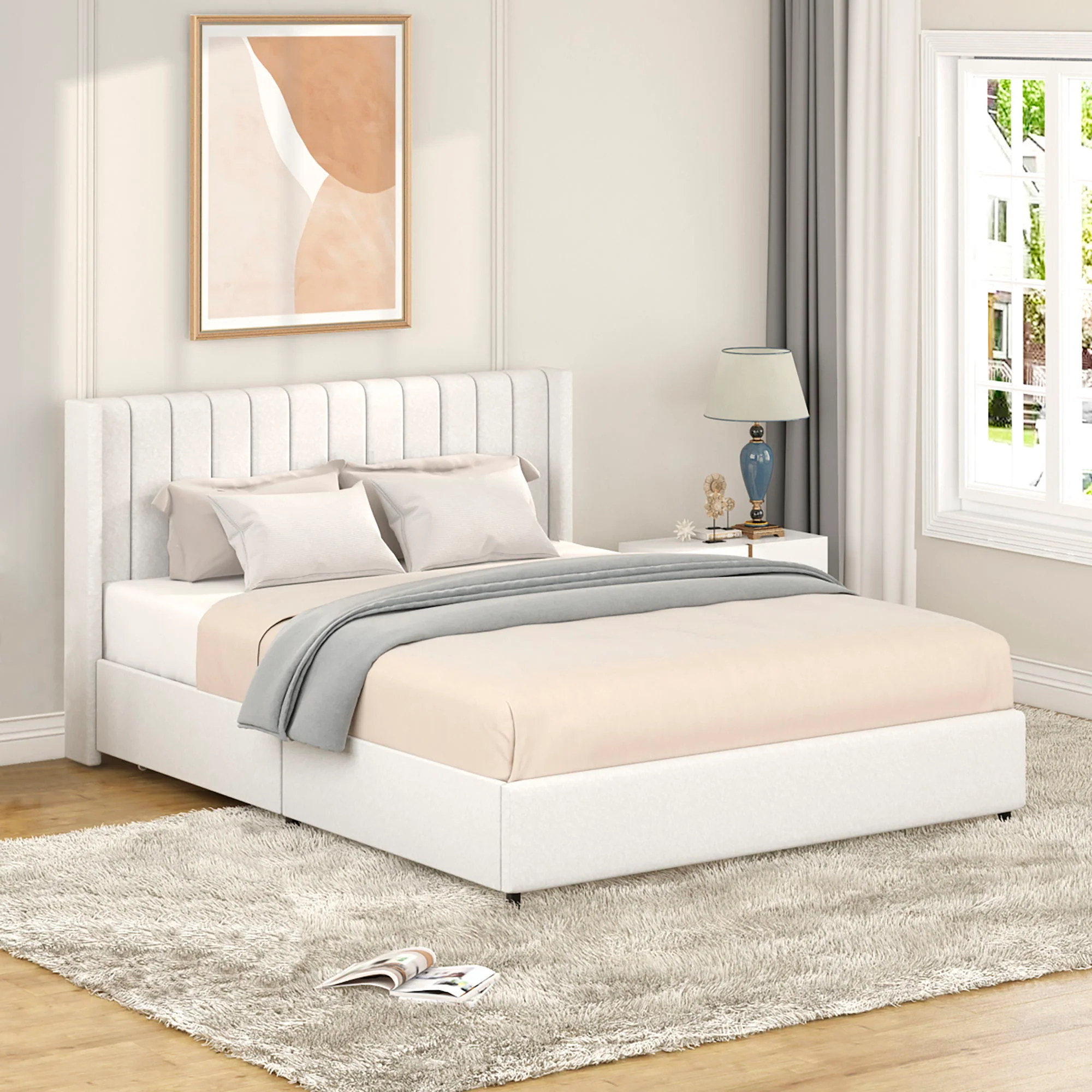 Anda - Boucle Upholstered Platform Bed With Patented Drawers Storage - Ivory - Image 8