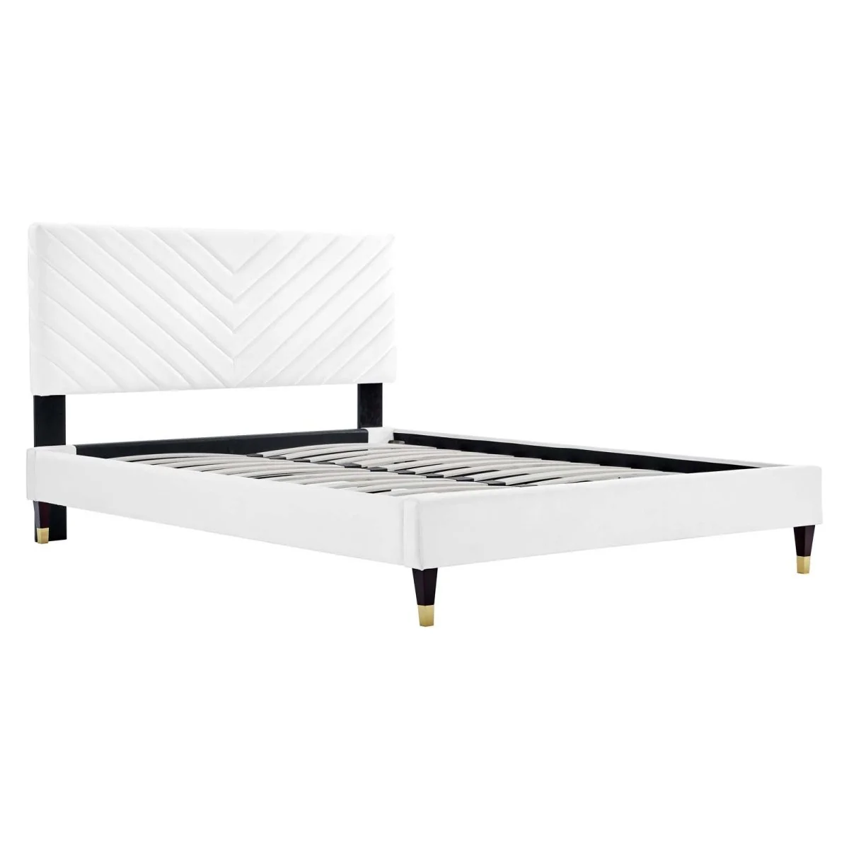 Queen Chevron Tufted Performance Velvet Platform Bed with Gold Detailed Wood Legs - Image 10