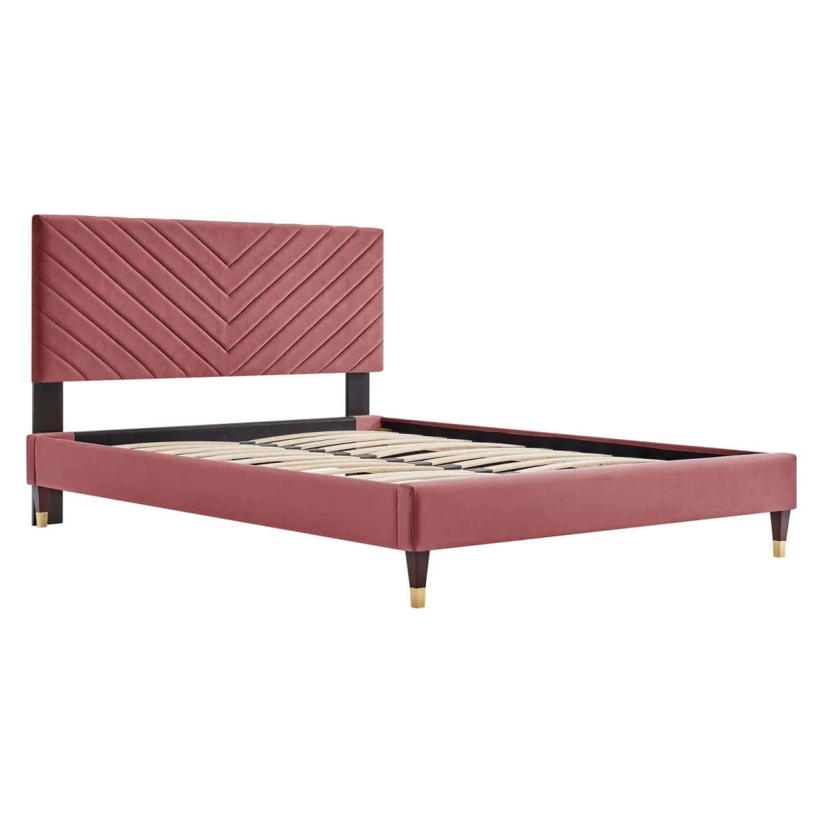 Queen Chevron Tufted Performance Velvet Platform Bed with Gold Detailed Wood Legs - Image 4