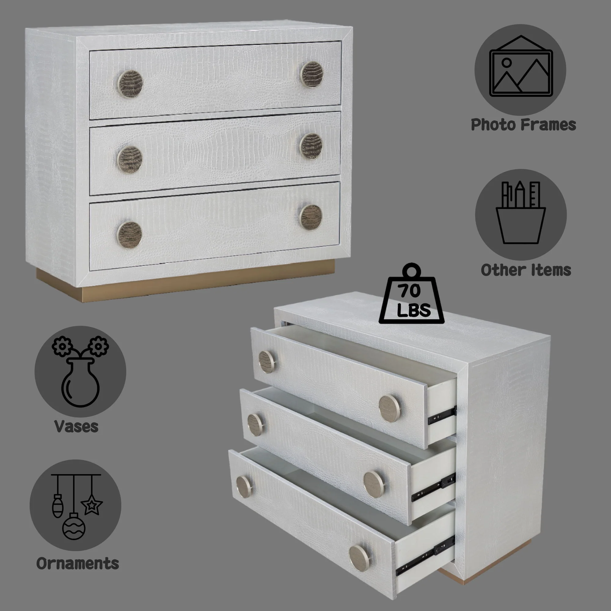 Anpu - Faux Crocodile Skin Console Cabinet - Silver - Image 4