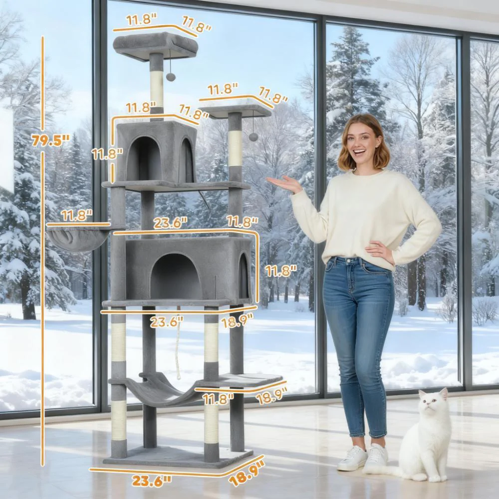 Antheia 80-Inch Extra-Tall Multi-Level Cat Tower with Dual Condos and Hammocks - Image 7