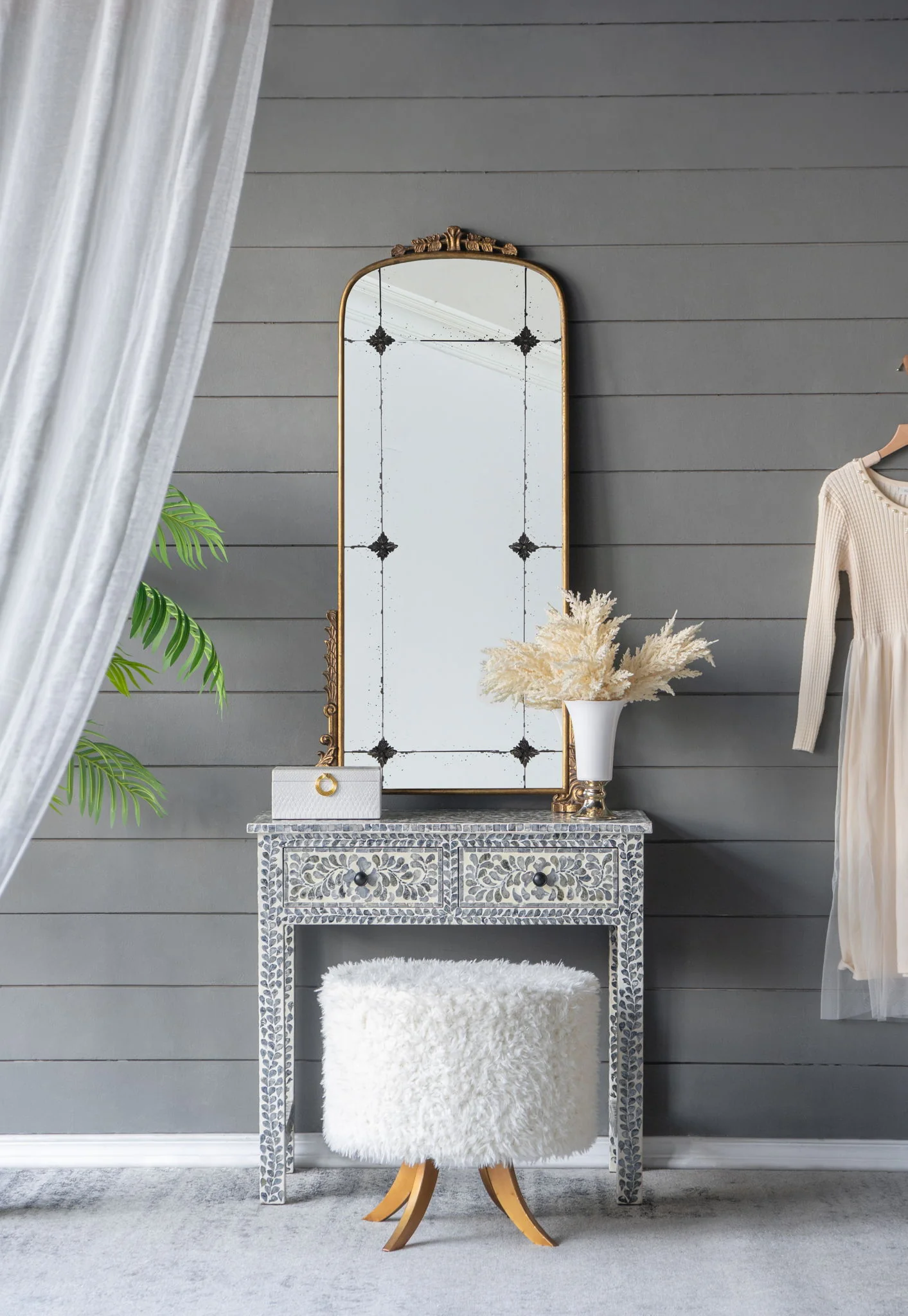 Antique Arched Mirror With Metal Frame, Full Length Mirror For Living Room Bathroom Entryway - Gold - Image 2