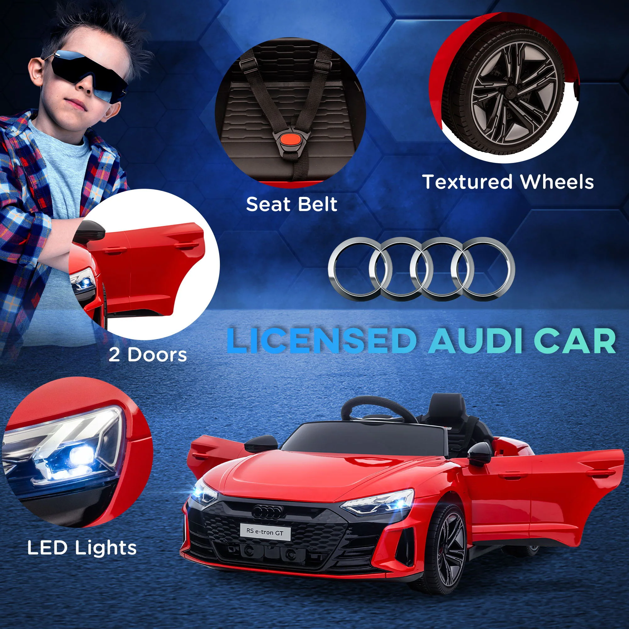 Aosom - Kids Ride On Car, 12V Licensed Audi Rs E-Tron Gt 3.1 Mph Electric Car For Kids, Ride-On Toy For Boys And Girls With Remote Control, 4 Wheels With Suspension, Horn, Music, Lights - Red - Image 8