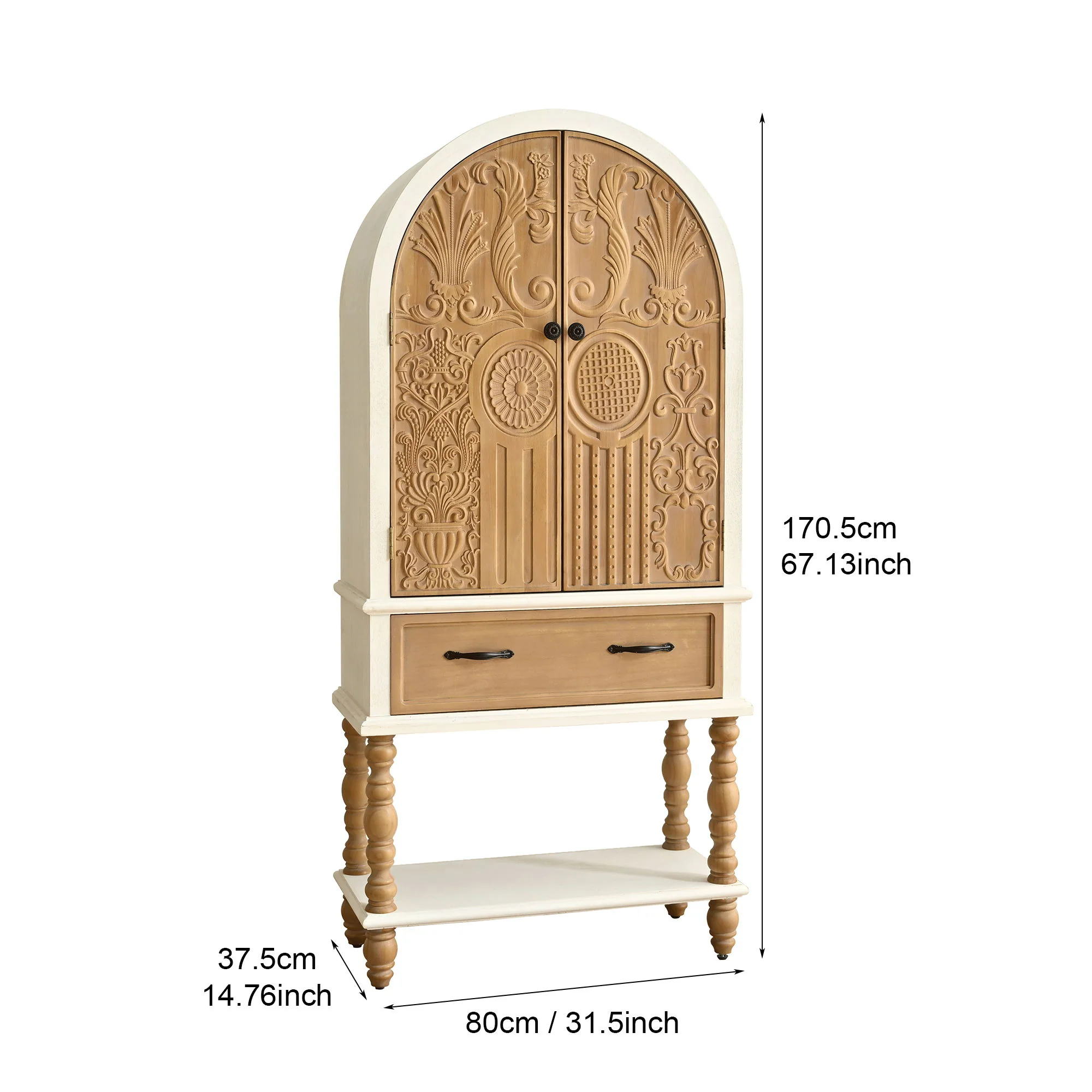 Arched Flower Carved Door Accent Sideboard Cabinet With 1 Drawer And Shelf, Cabinet For Kitchen - Natural / White - Image 5