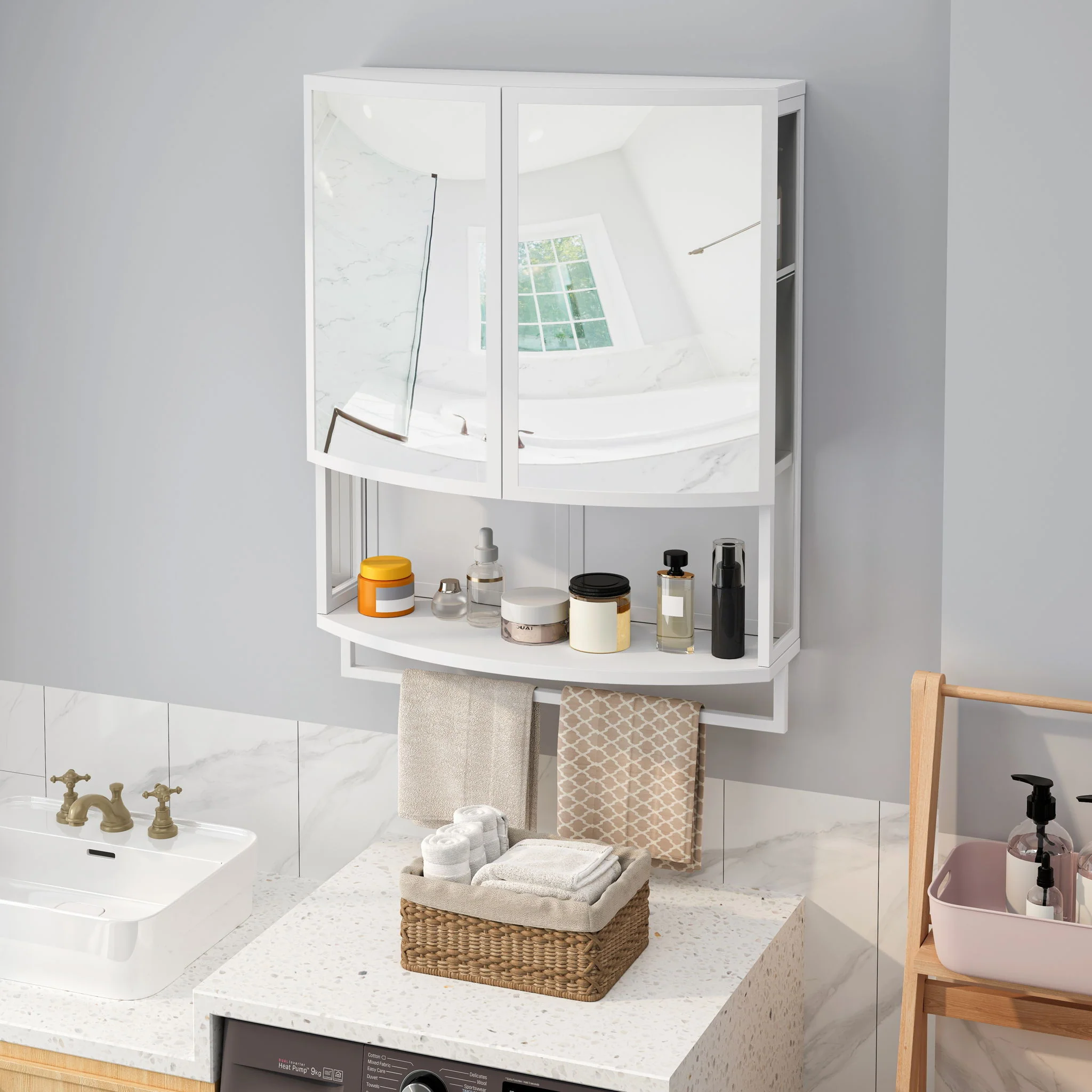 Arched Glass Double Door Wardrobe With Shatterproof Mirror, Open Shelf & Towel Rack - Image 4