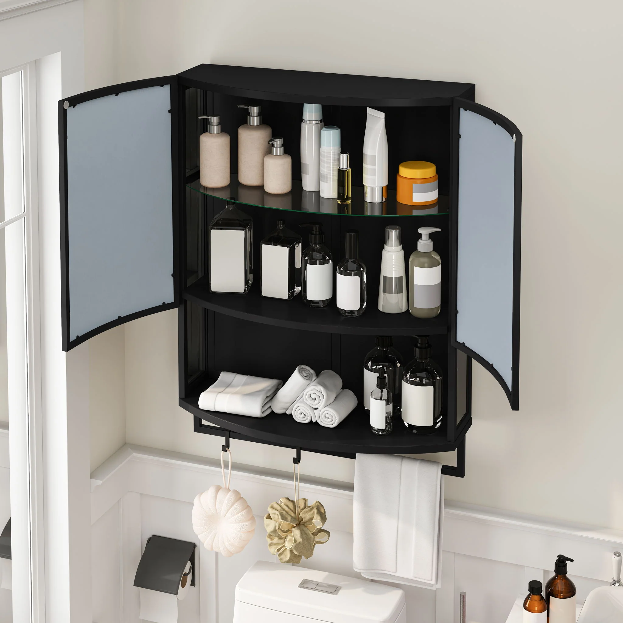 Arched Glass Double Door Wardrobe With Shatterproof Mirror, Open Shelf & Towel Rack - Image 5