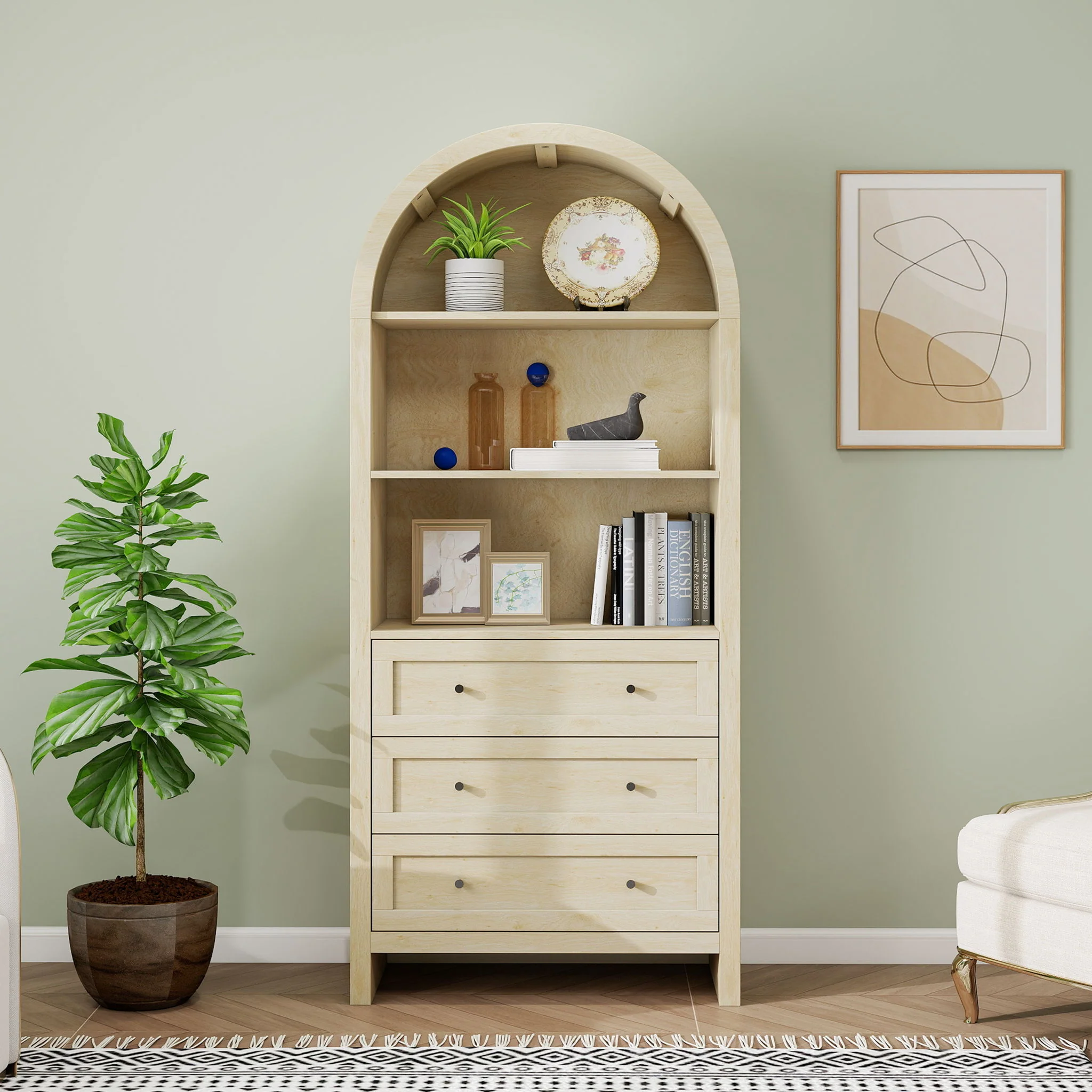 Arched Kitchen Pantry, Modern Farmhouse Wood Kitchen Storage Cabinets, Arched Storage Display Cabinet With Adjustable Shelves, Versatile Cupboard For Kitchen, Dining Room, Living Room - Natural - Image 4