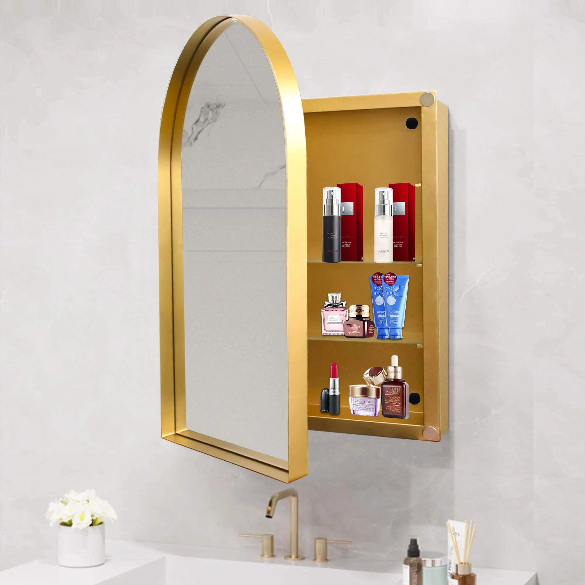 Arched Recessed Medicine Cabinet, Metal Framed Bathroom Wall Cabinet With Mirror And Adjustable Shelves, Wall Mirror With Storage For Bathroom - Image 3