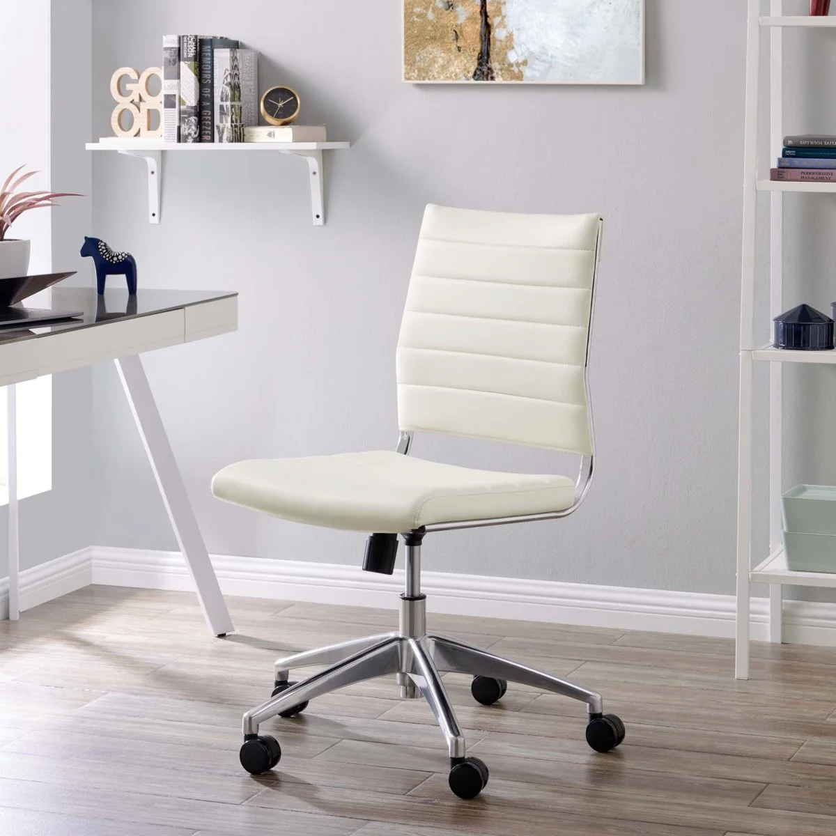 Armless Mid Back Ribbed Vinyl Office Chair – Mid-Century Modern Desk Seating - Image 11