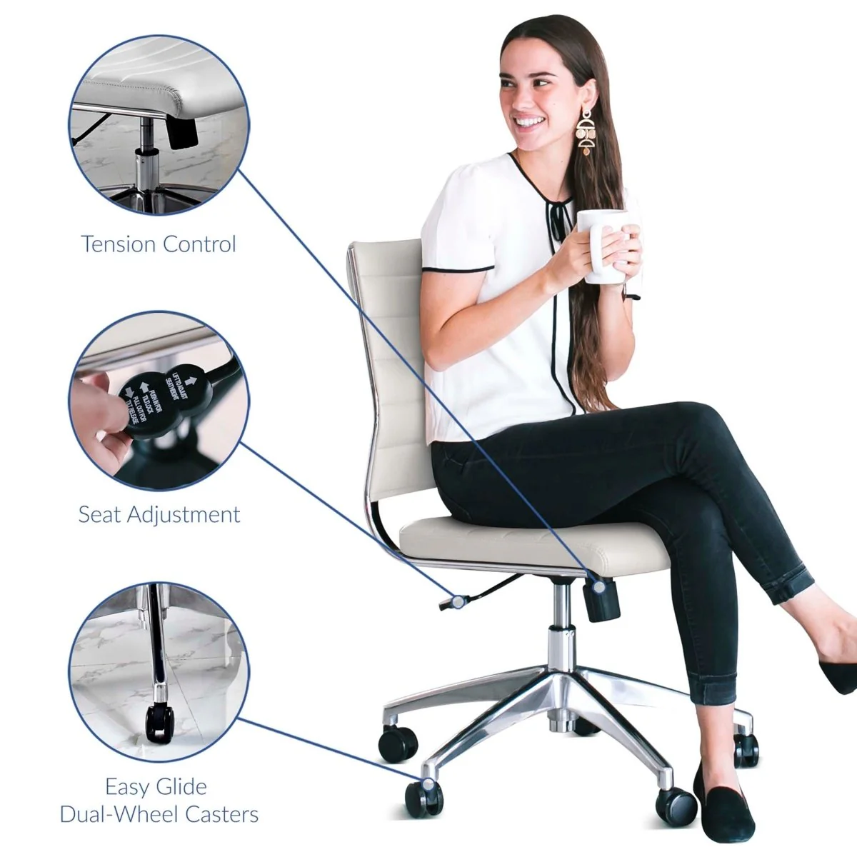 Armless Mid Back Ribbed Vinyl Office Chair – Mid-Century Modern Desk Seating - Image 2