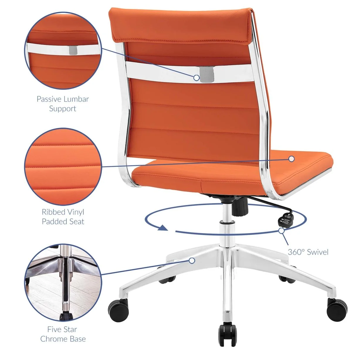 Armless Mid Back Ribbed Vinyl Office Chair – Mid-Century Modern Desk Seating - Image 23