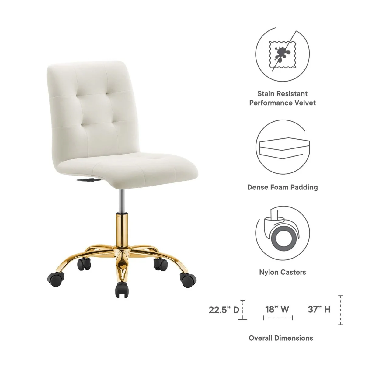 Armless Performance Velvet Office Chair with Gold Base – Modern Swivel Task Chair - Image 11