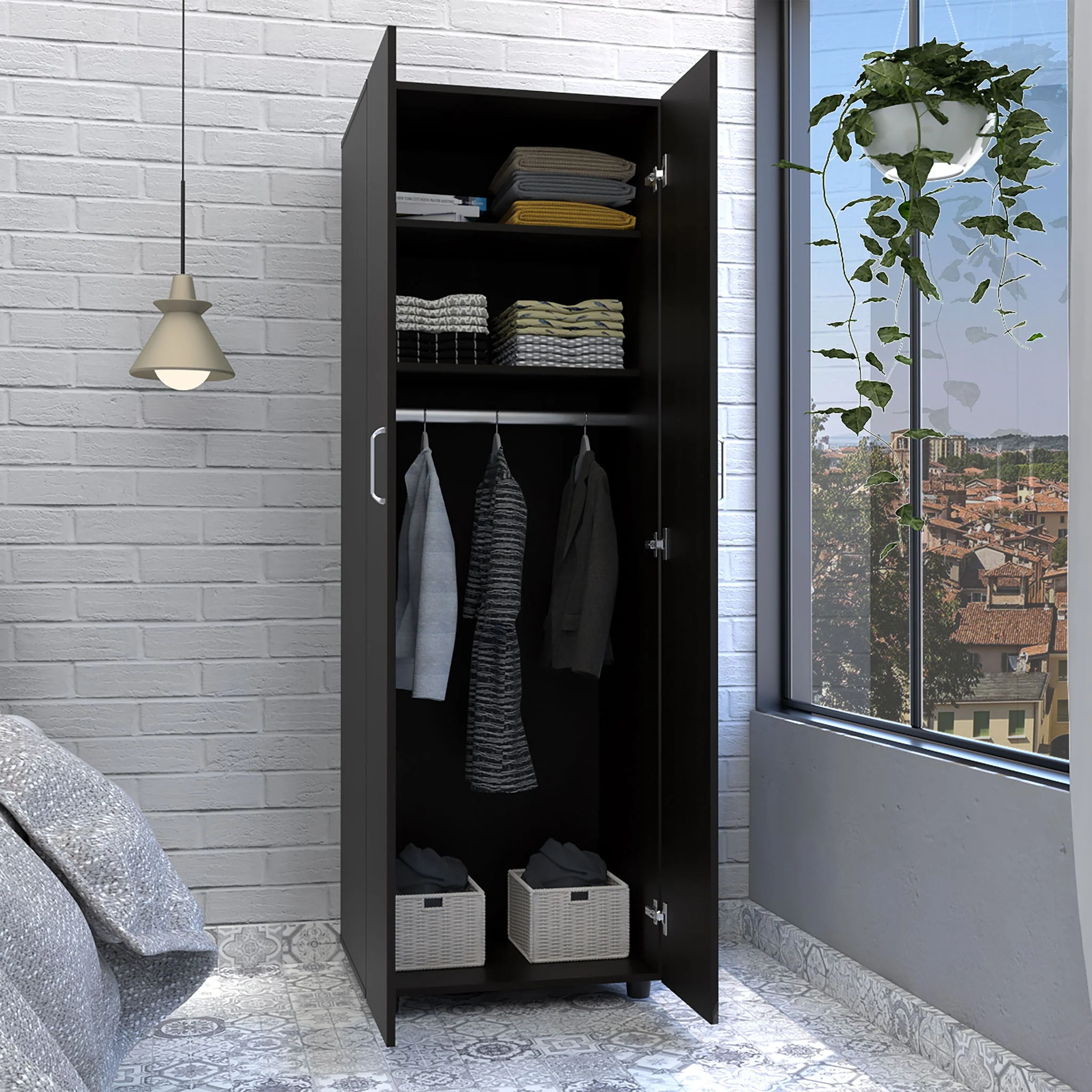 Armoire Organiser, Two Shelves, Rod, Double Door Cabinet Armoire - Image 5